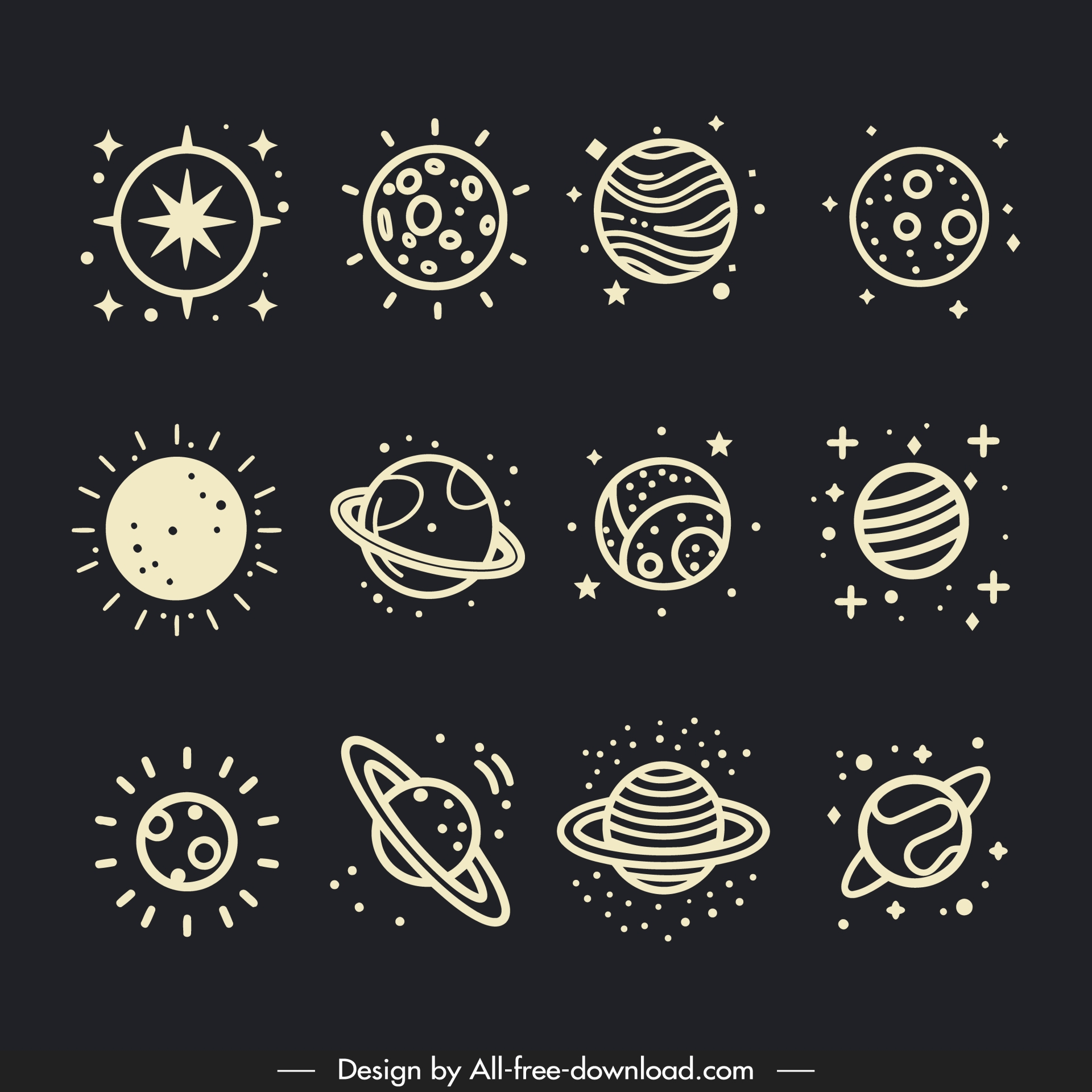  universe icons collection handdrawn planets line art 