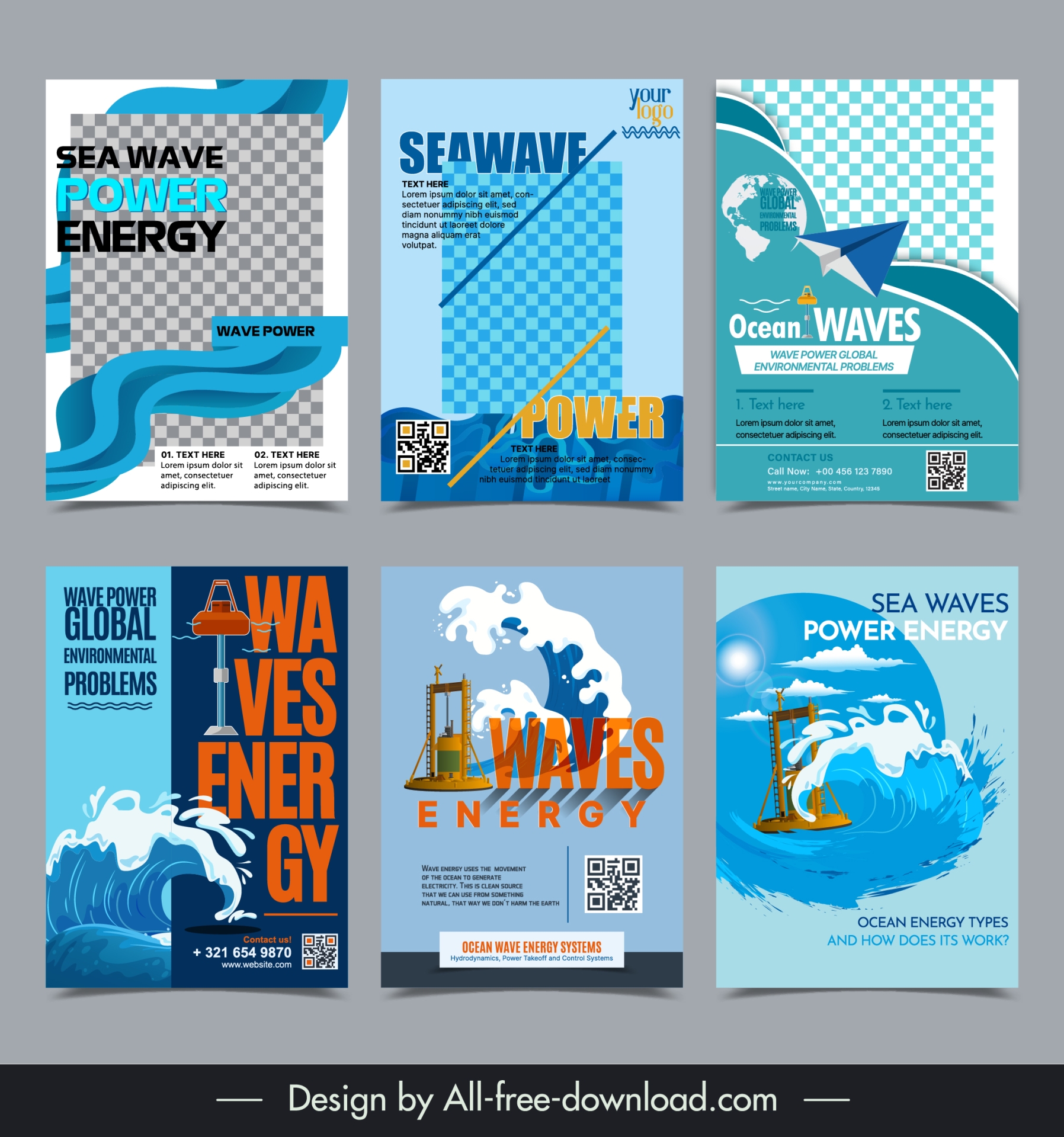 sea wave power energy poster templates collection dynamic checkered design 