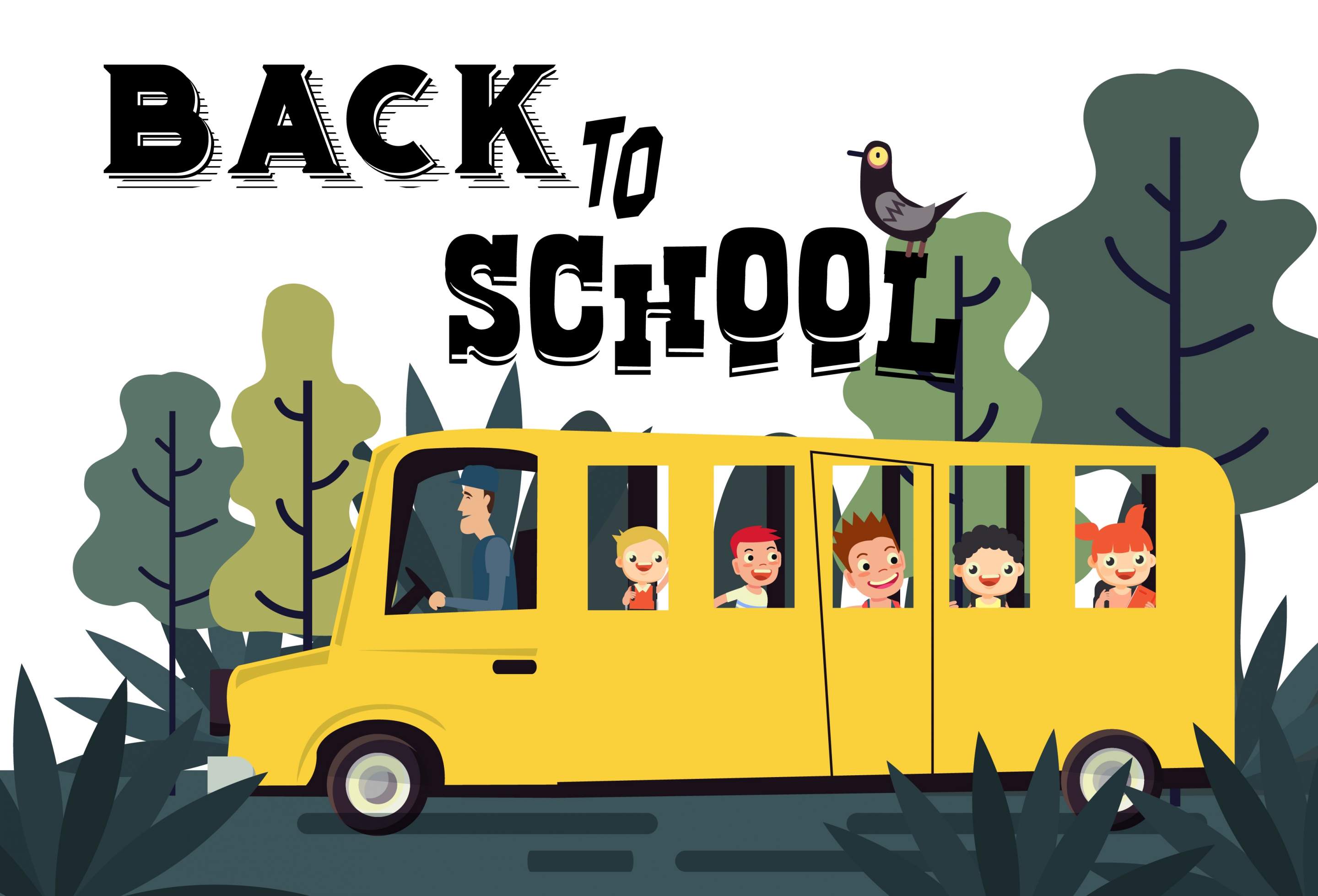 back to school banner bus pupils icons