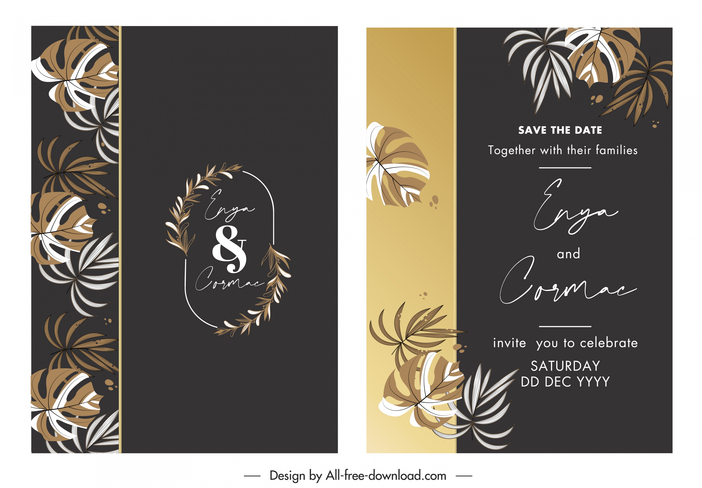 wedding card template elegant dark leaves decor