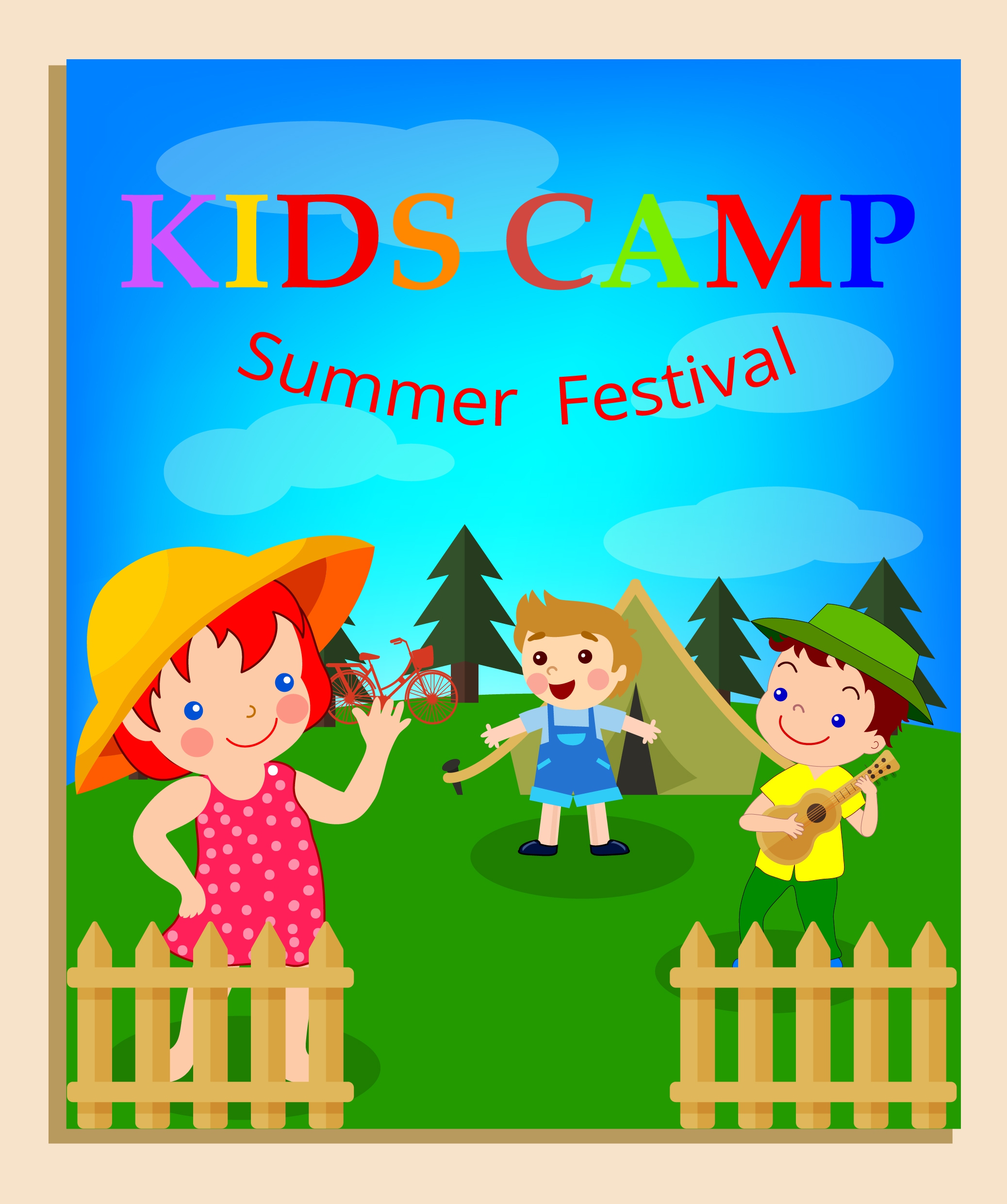 kids camp banner children icons multicolored cartoon design