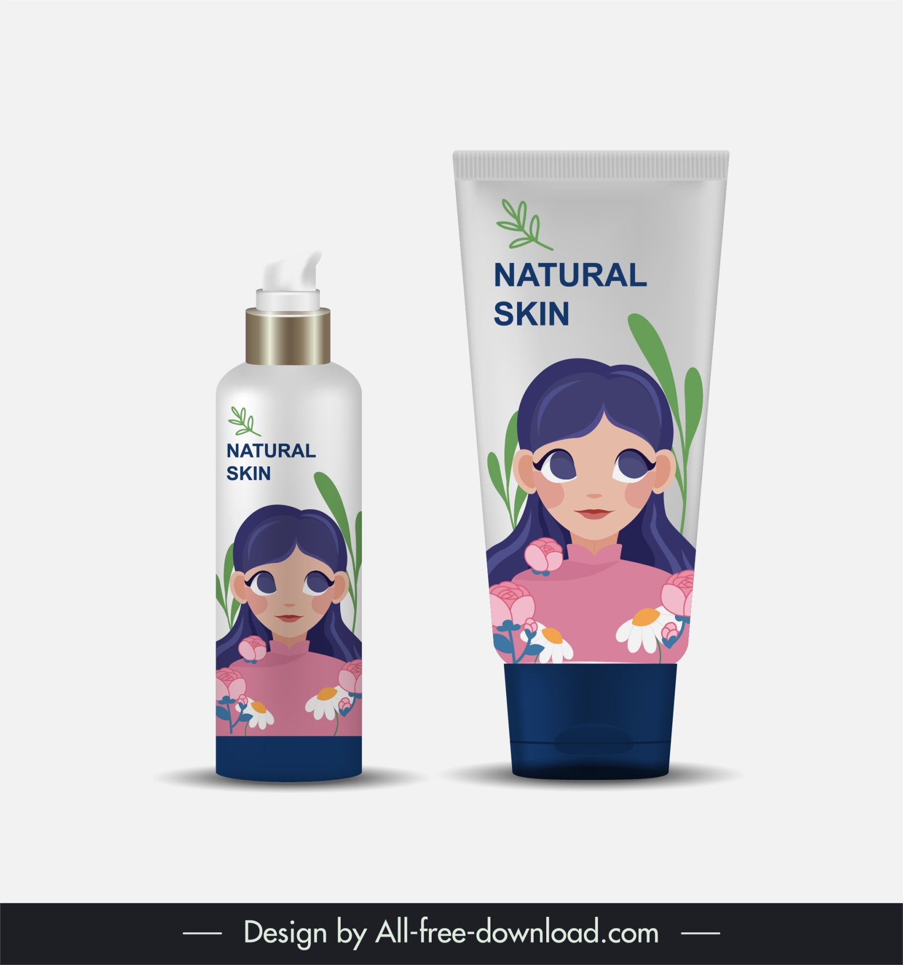 cosmetics bottle packaging template cute cartoon girl leaves