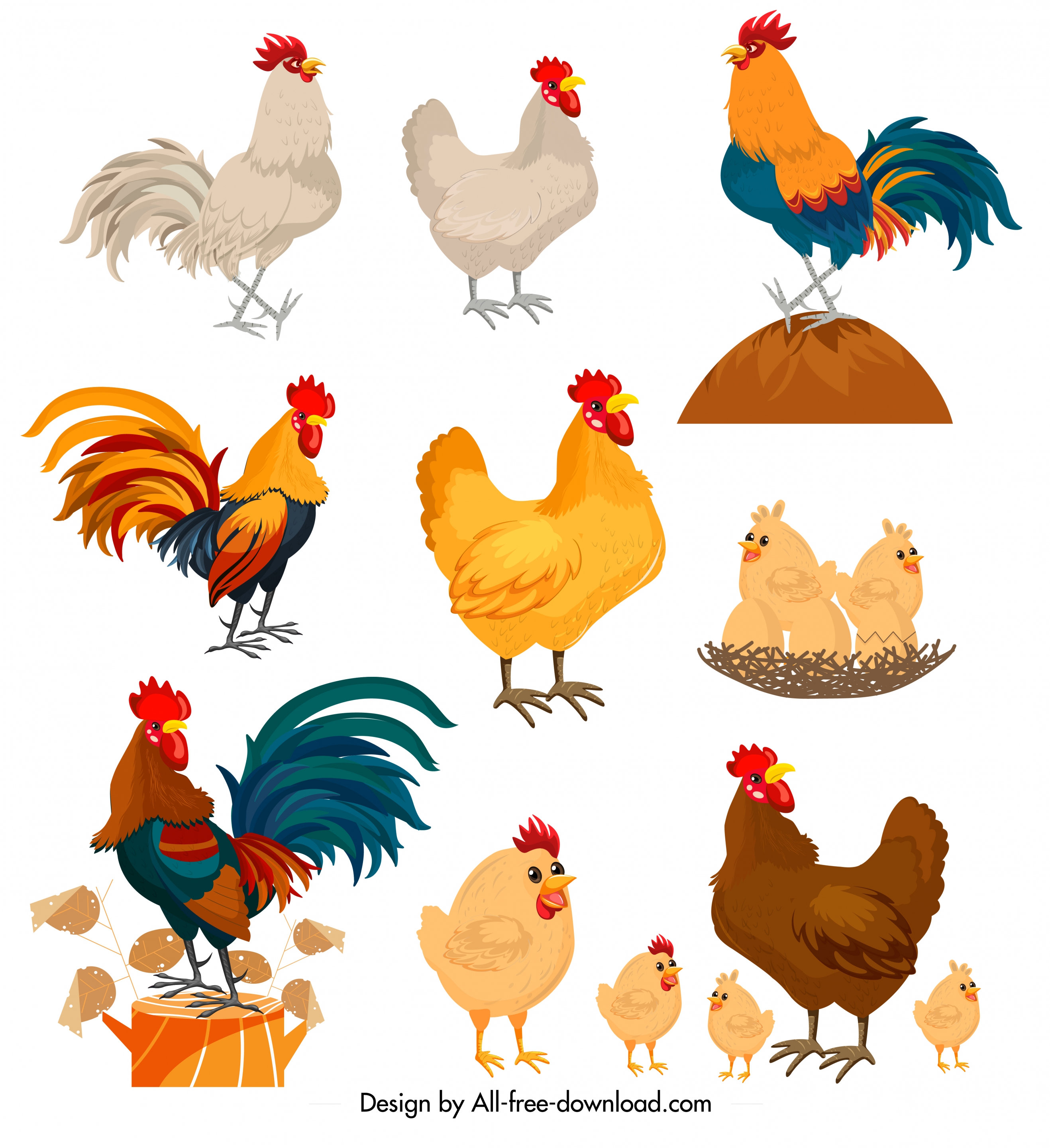 chicken icons collection colorful cartoon characters design