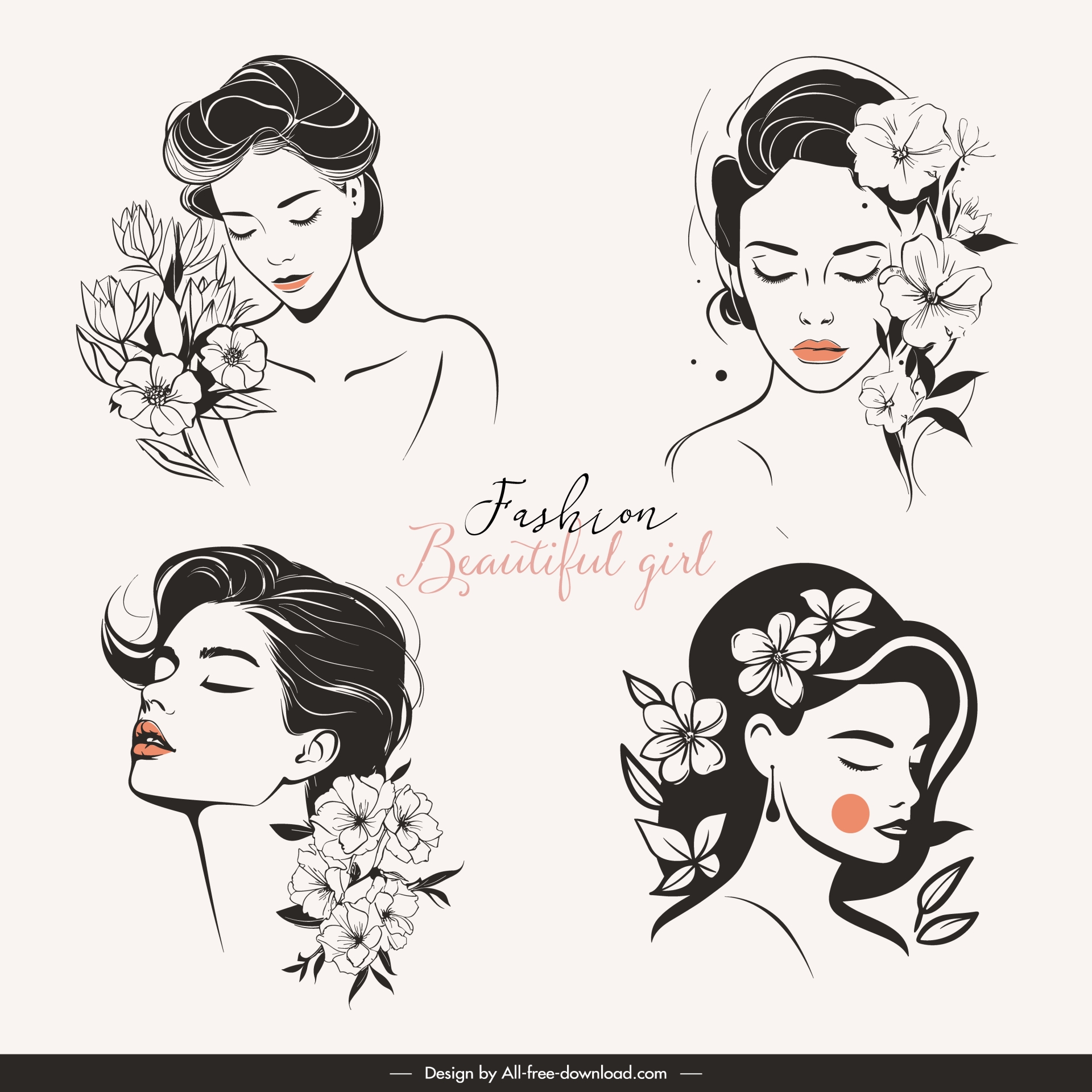 beautiful girl portrait design elements handdrawn line art  