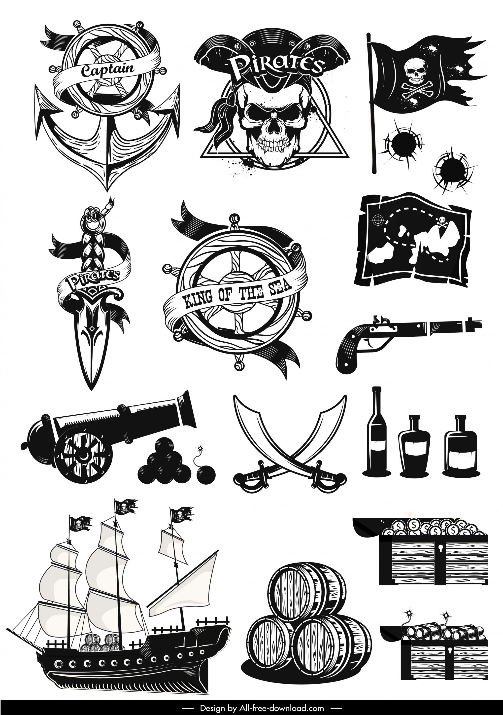 pirates design elements black white retro symbols sketch