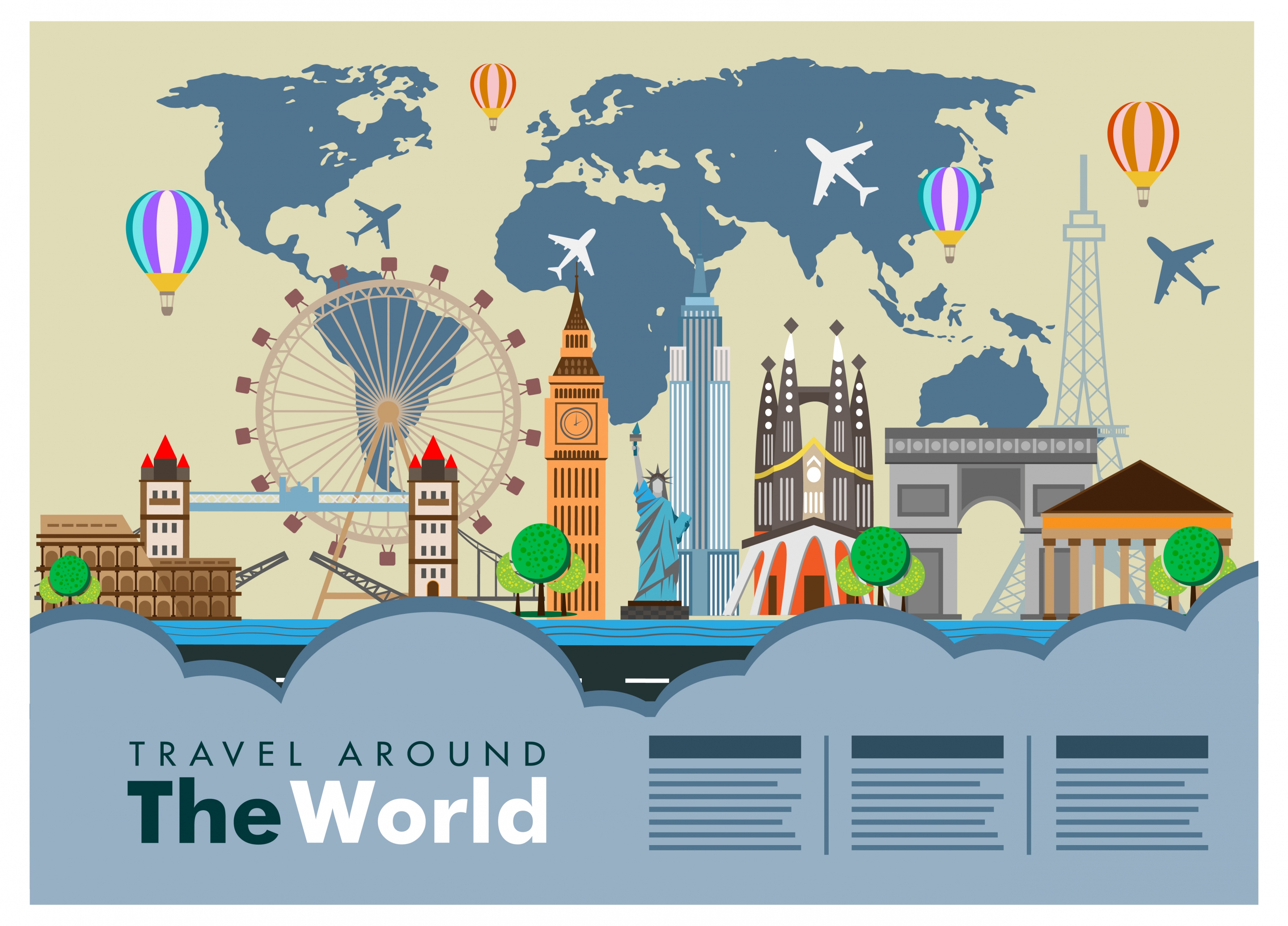 world travel banner famous places on map background