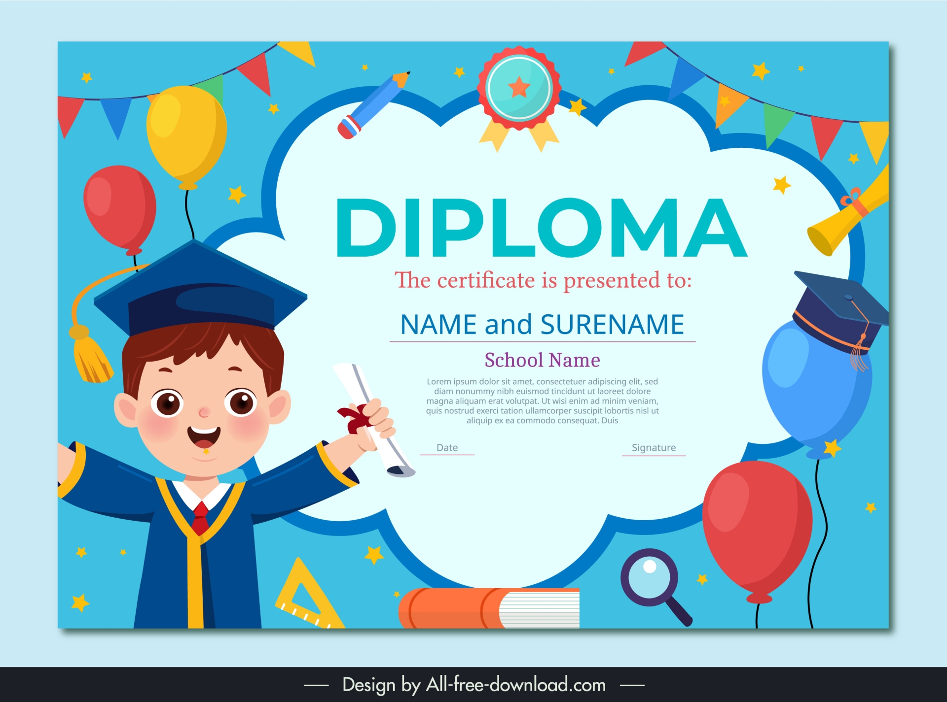 school diploma certificate template cute boy education elements ...