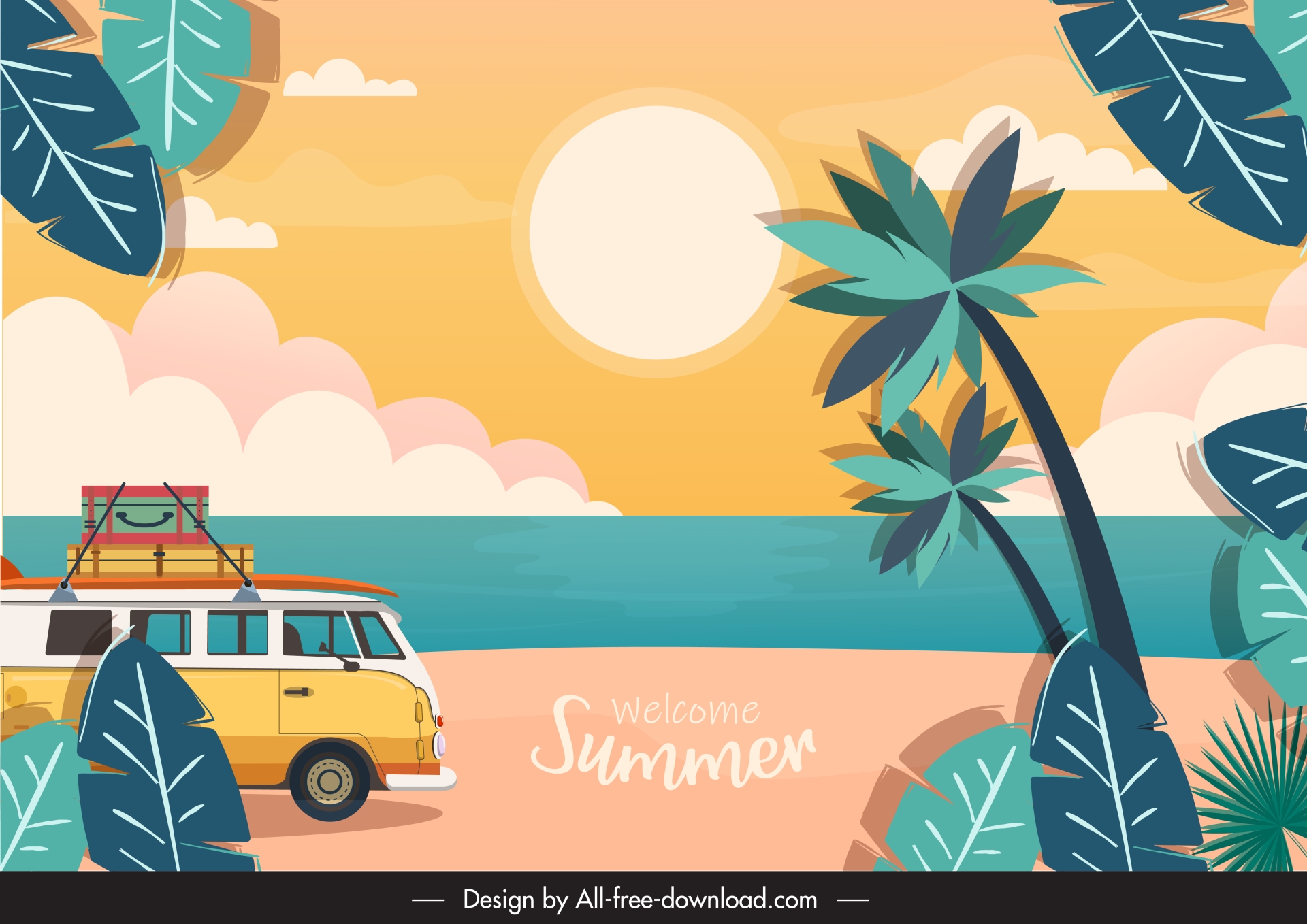 summer time background template vintage van beach scene 