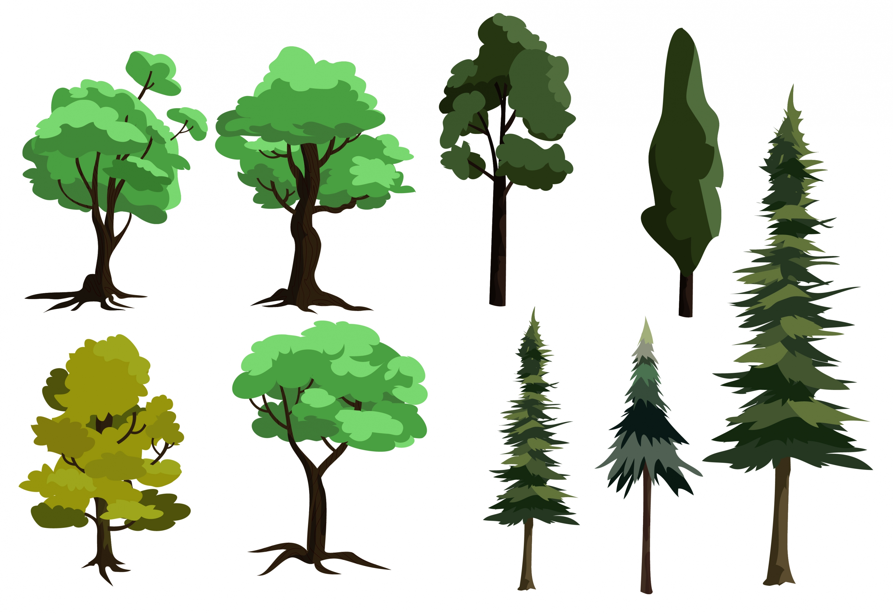 tree icons collection various types green design