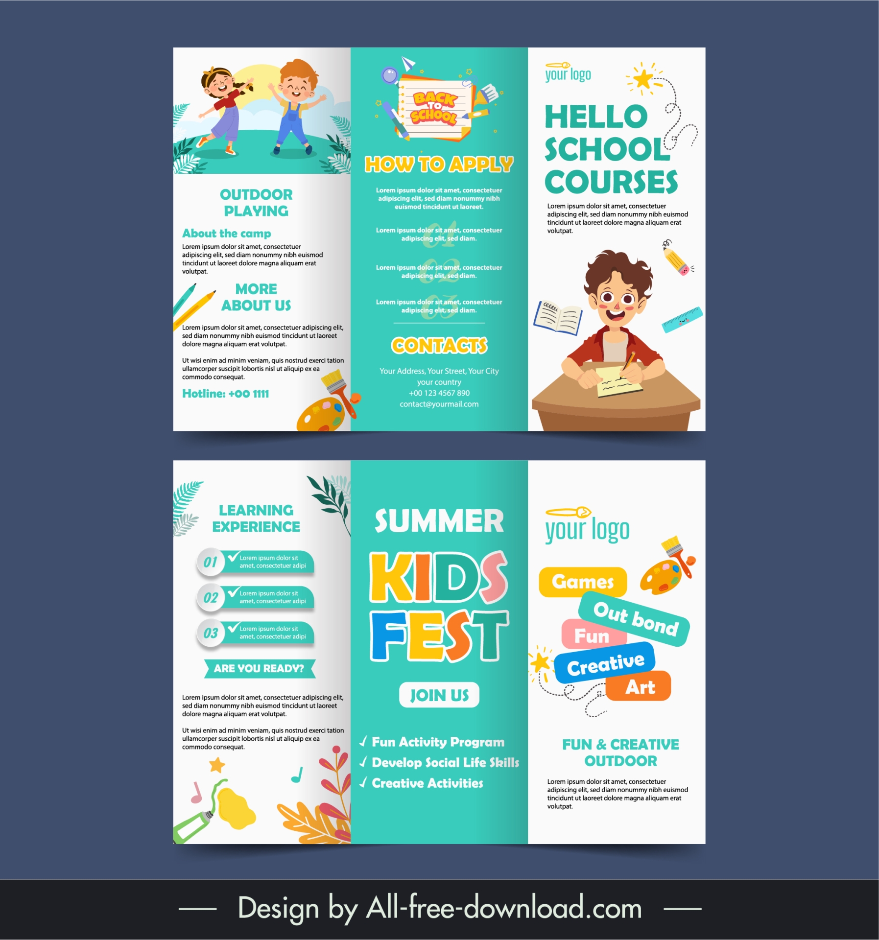 kids school tri fold brochure template cute schoolchildren cartoon