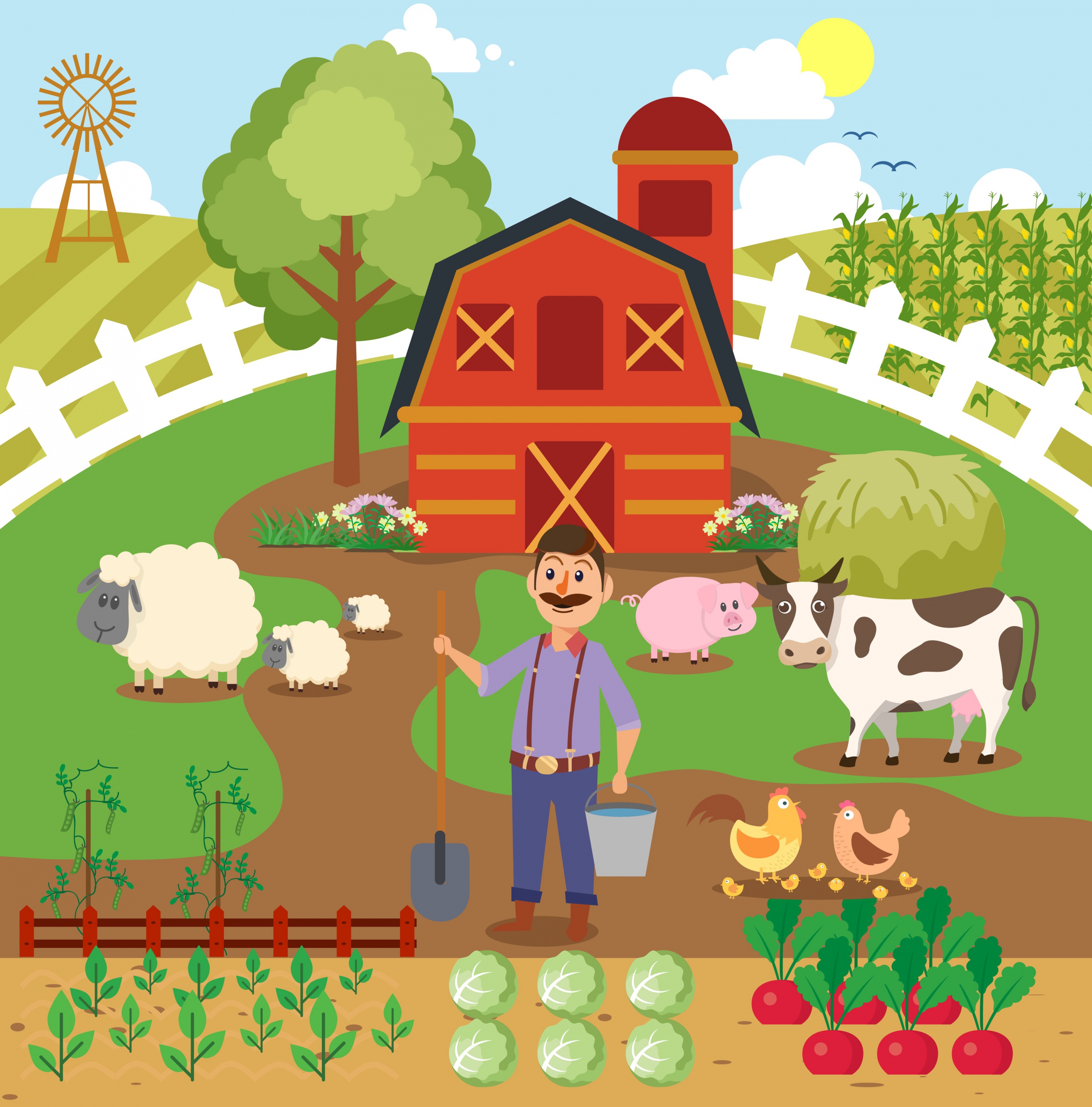 farming work background farmer cattle icons cartoon design