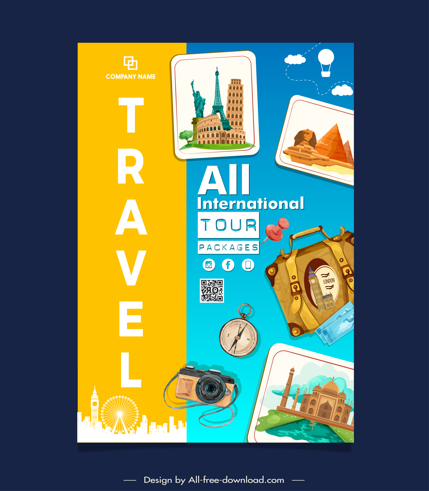 Poster travel international tour packages taj mahal air balloon eiffel paris tower compass baggage luggage qr code pyramid colosseum leaning tower of pisa