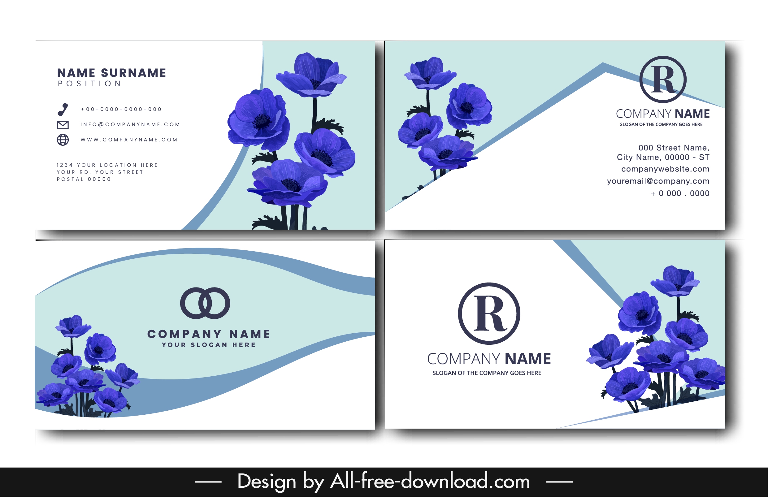 name card template nature theme blue flora decor