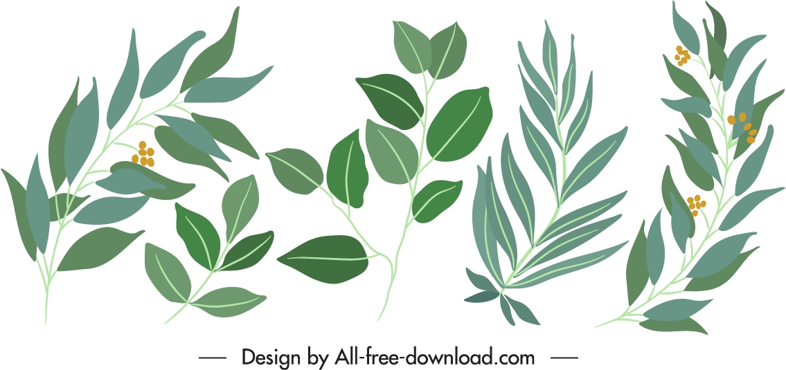 natural leaf icons green classical handdrawn design