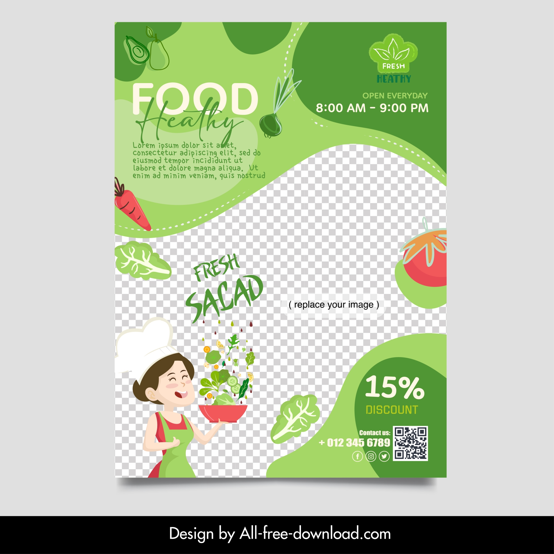 heathy food flyer template dynamic cartoon checkered 