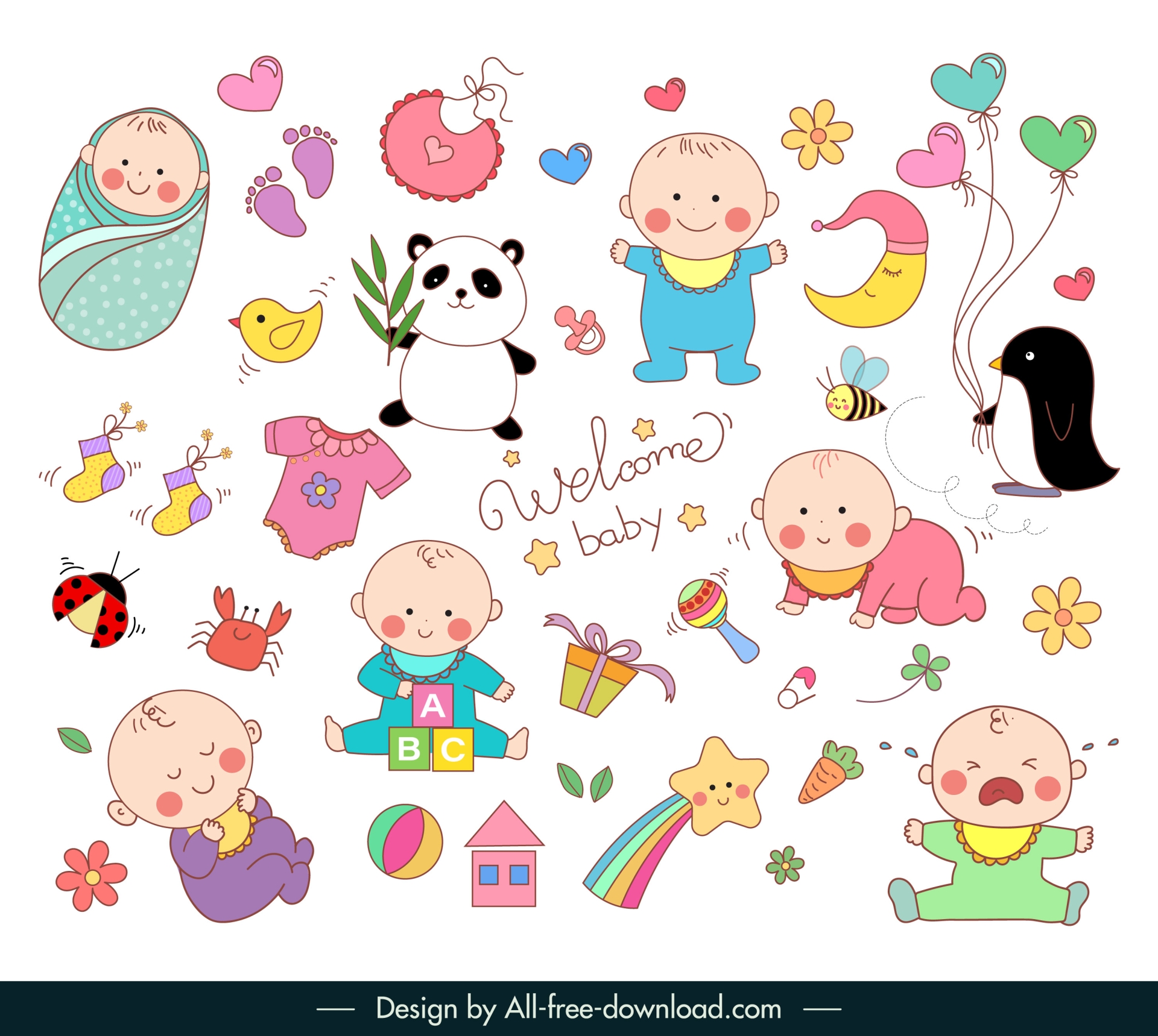 baby elements collection flat cute cartoon handdrawn