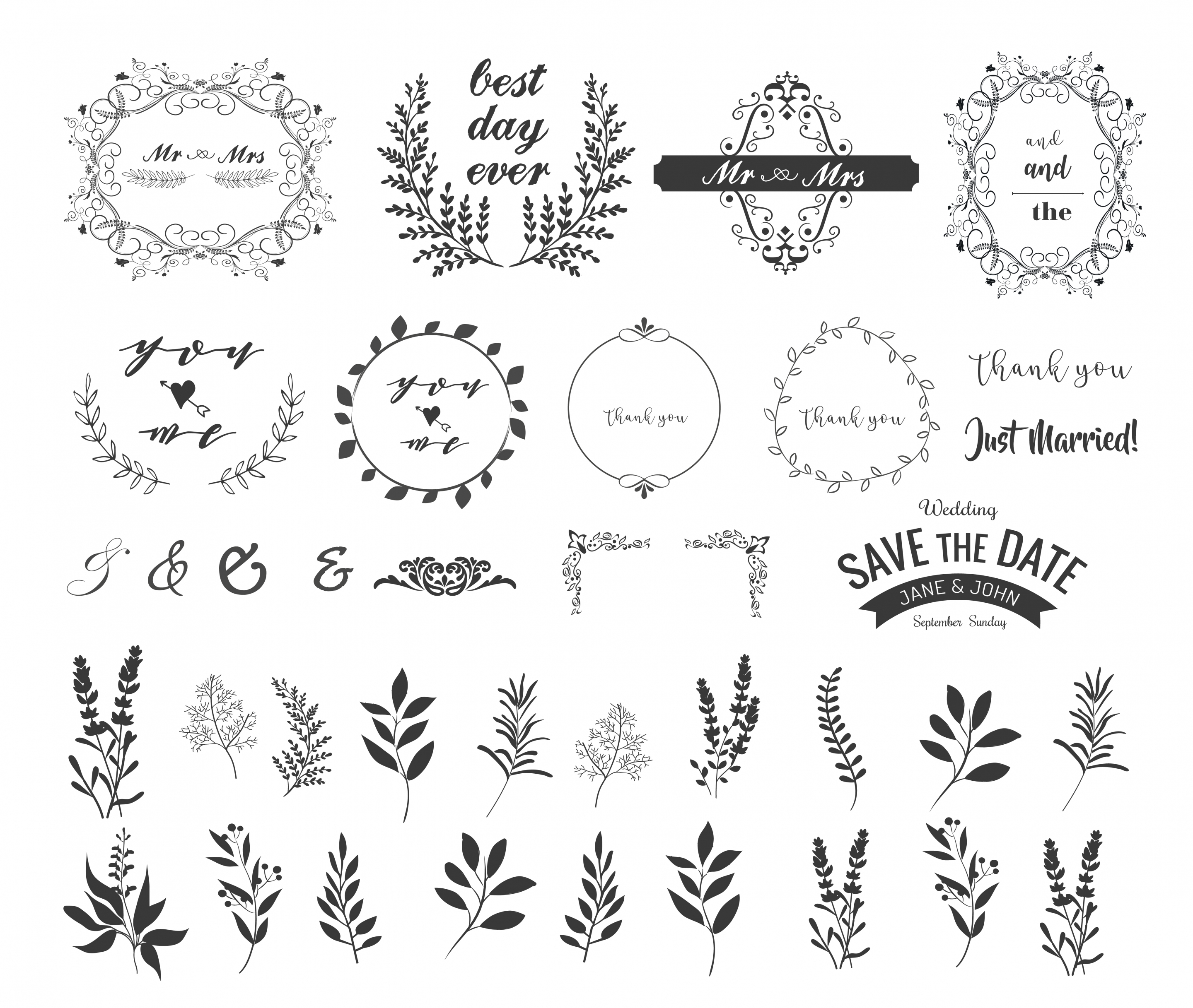 wedding frame design elements classical curved leaves icons