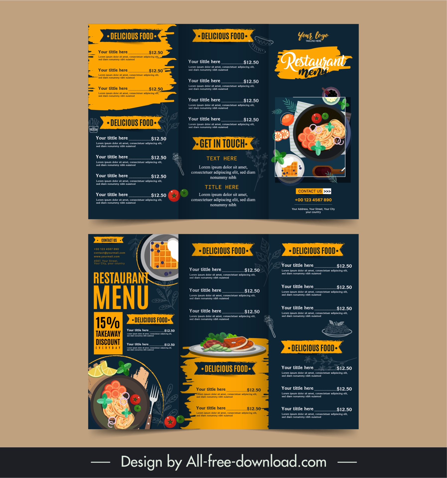 food menu tri fold brochure template elegant dark design 