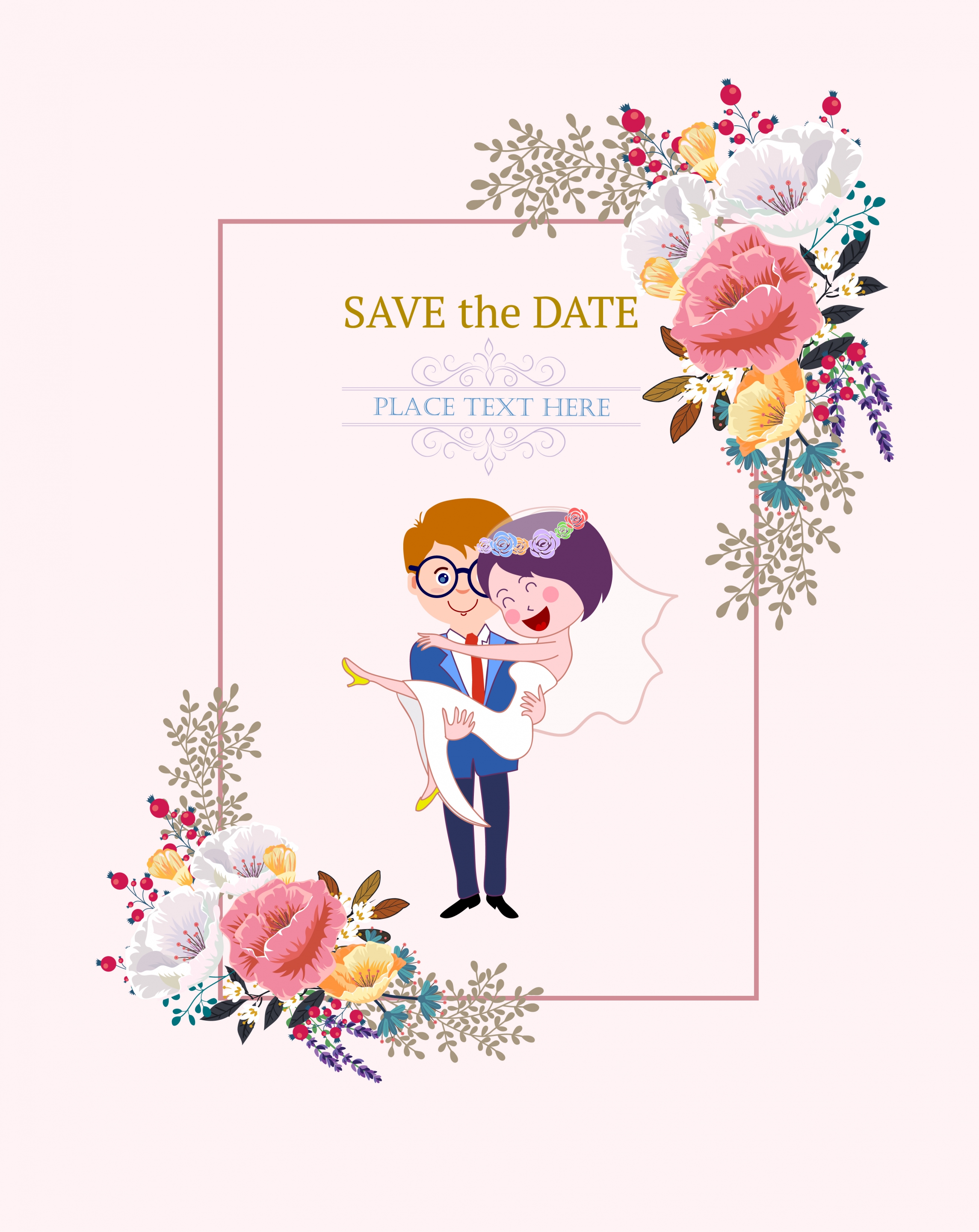 wedding card template happy couple icon flowers decor