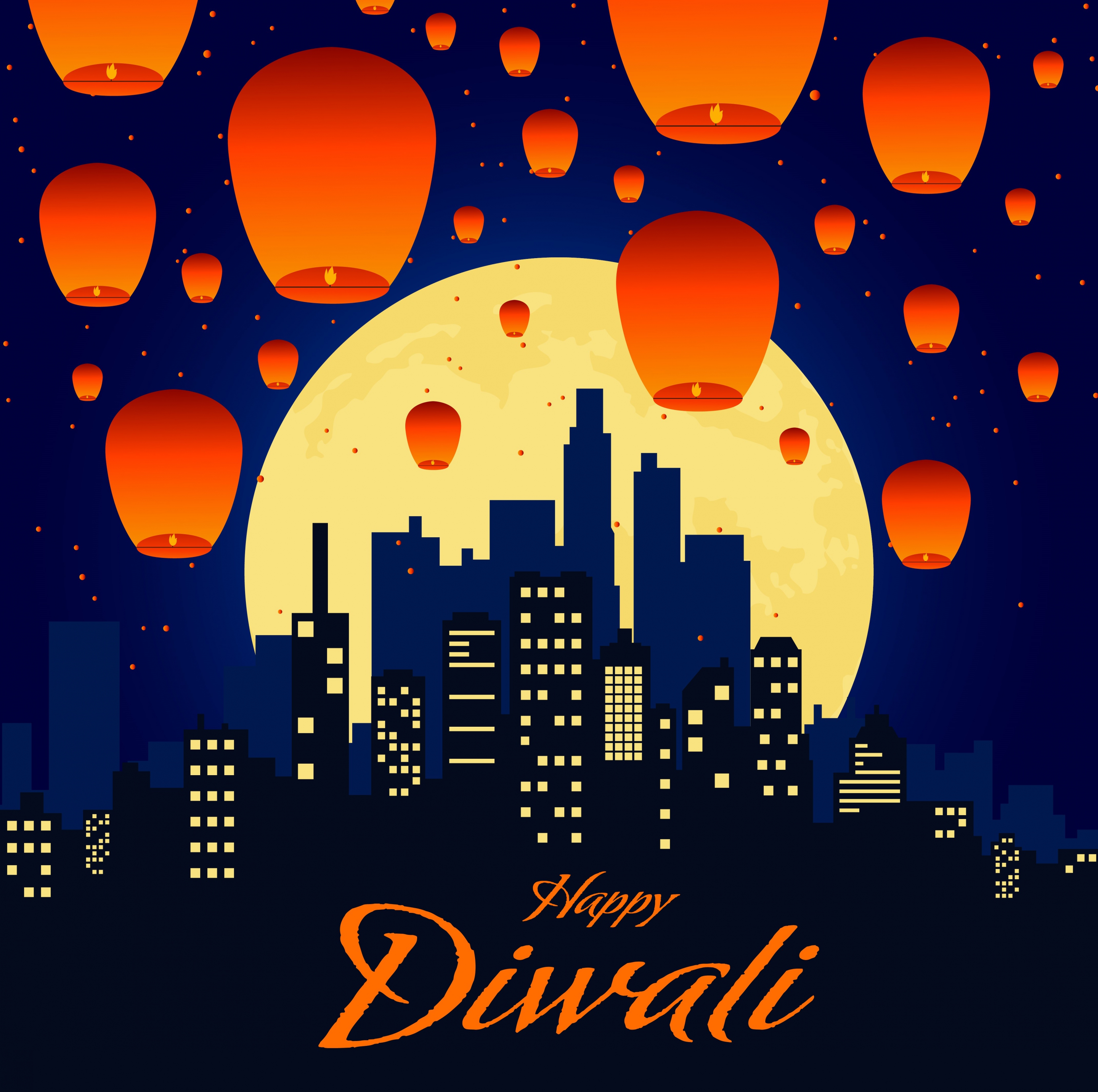 celebration banner flying lantern cityscape night moon decor