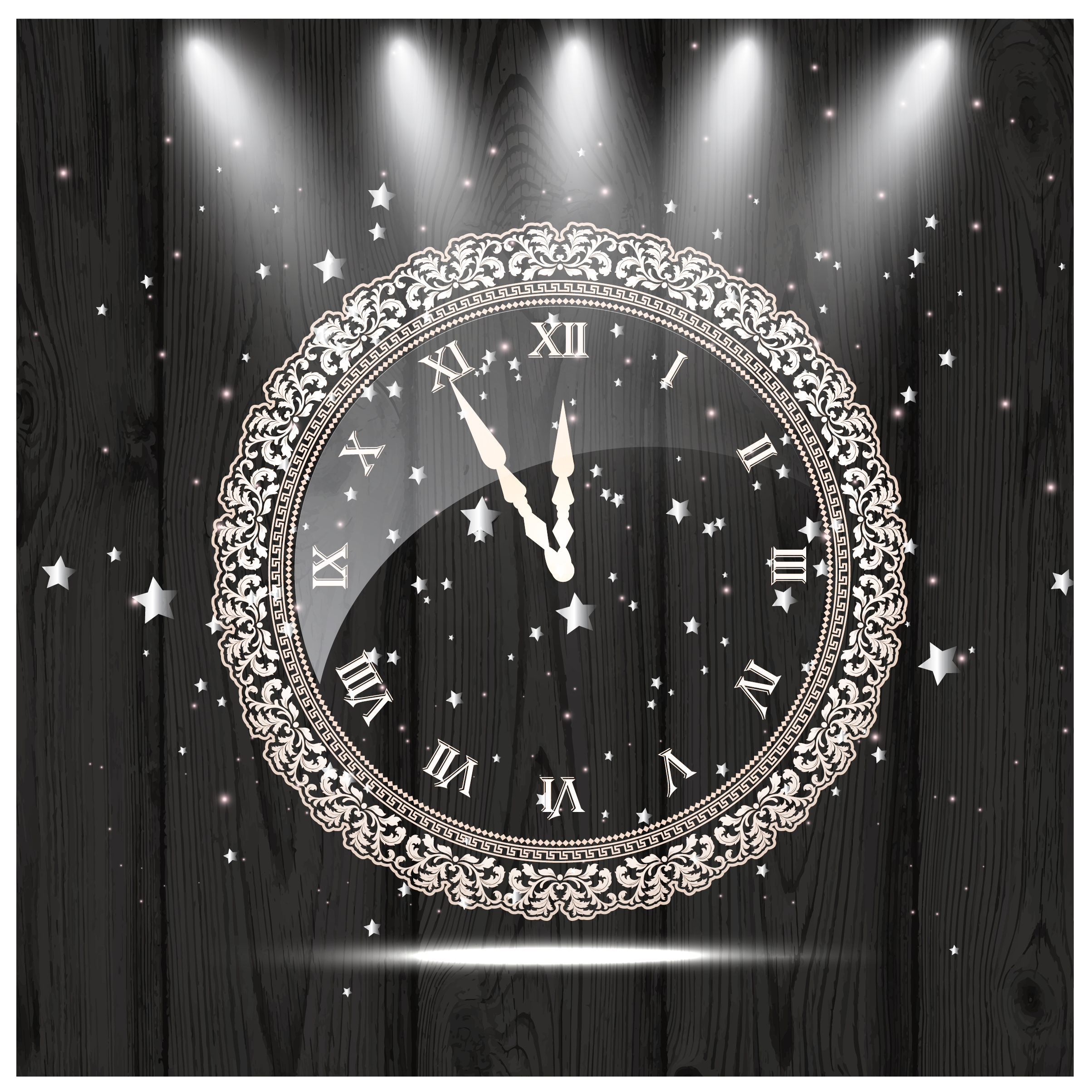 vintage clock decoration on wooden background and lights