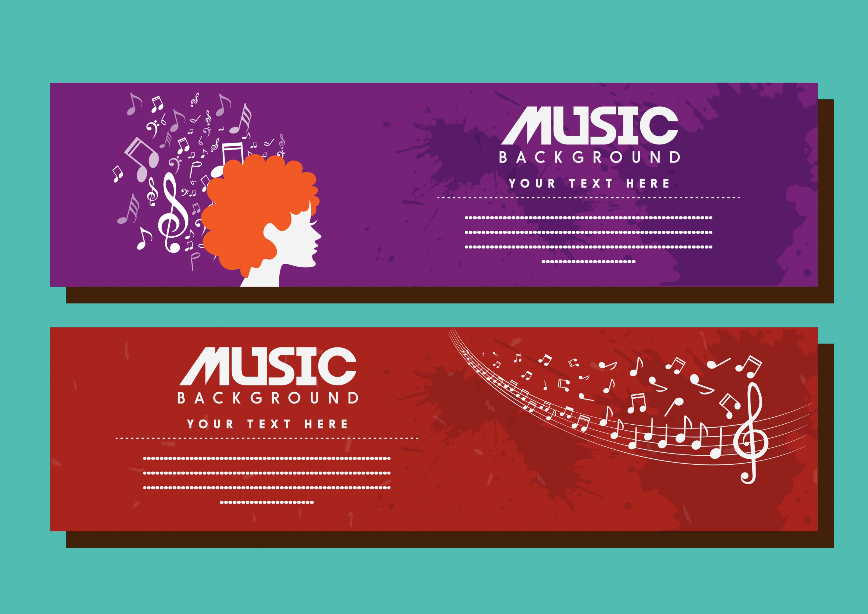 music banner flying notes on red violet background