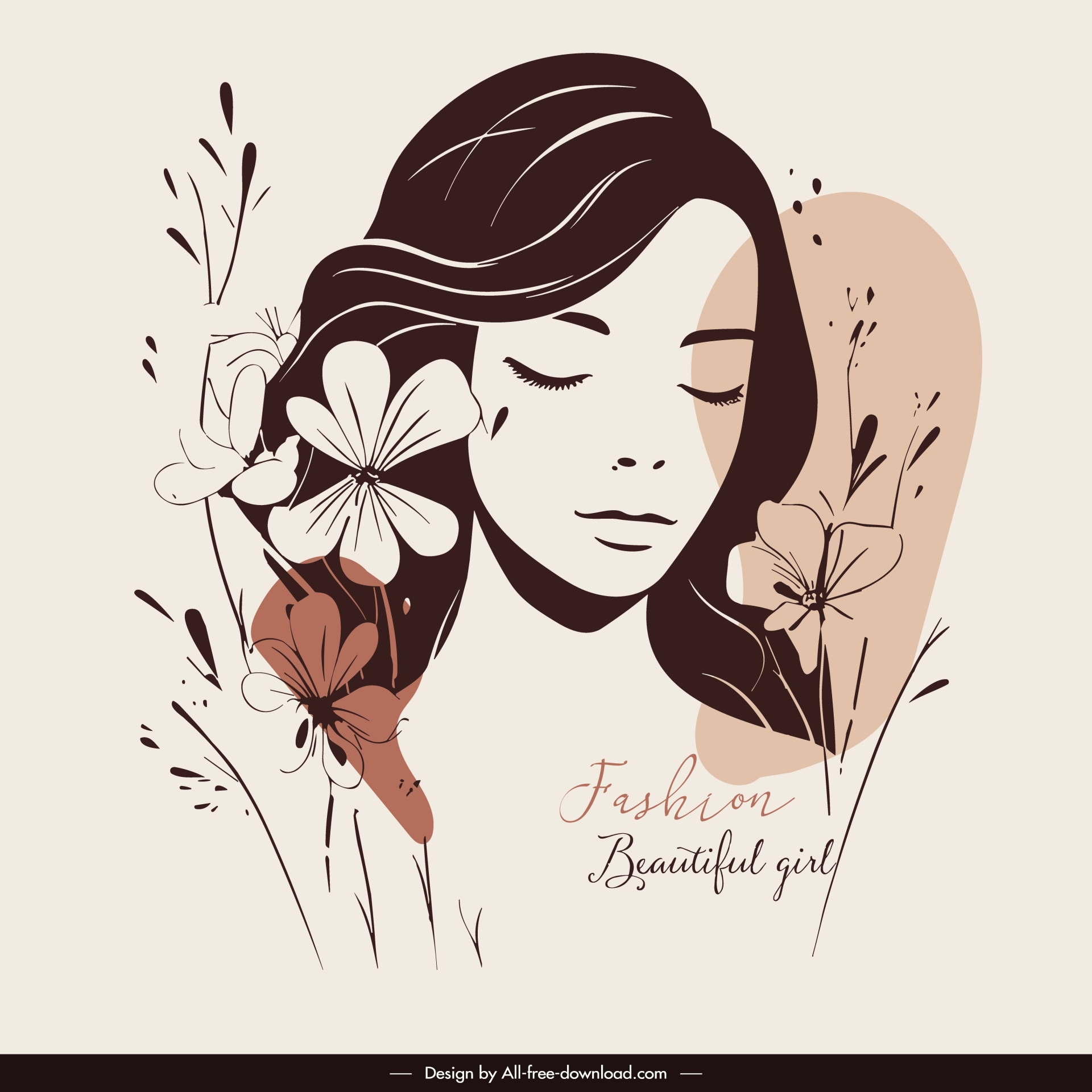 fashion design elements handdrawn girl line art flora decor