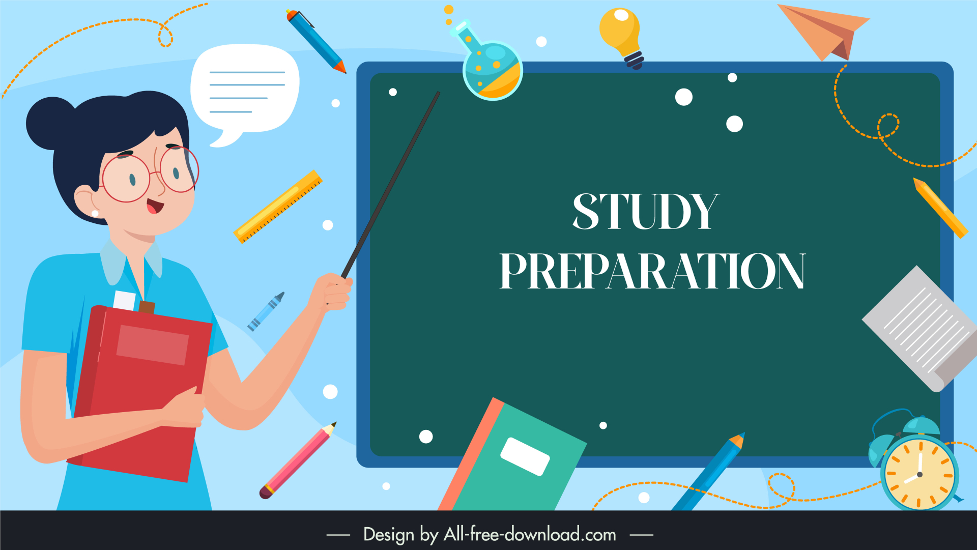 study preparation banner template female teacher chalkboard cartoon sketch