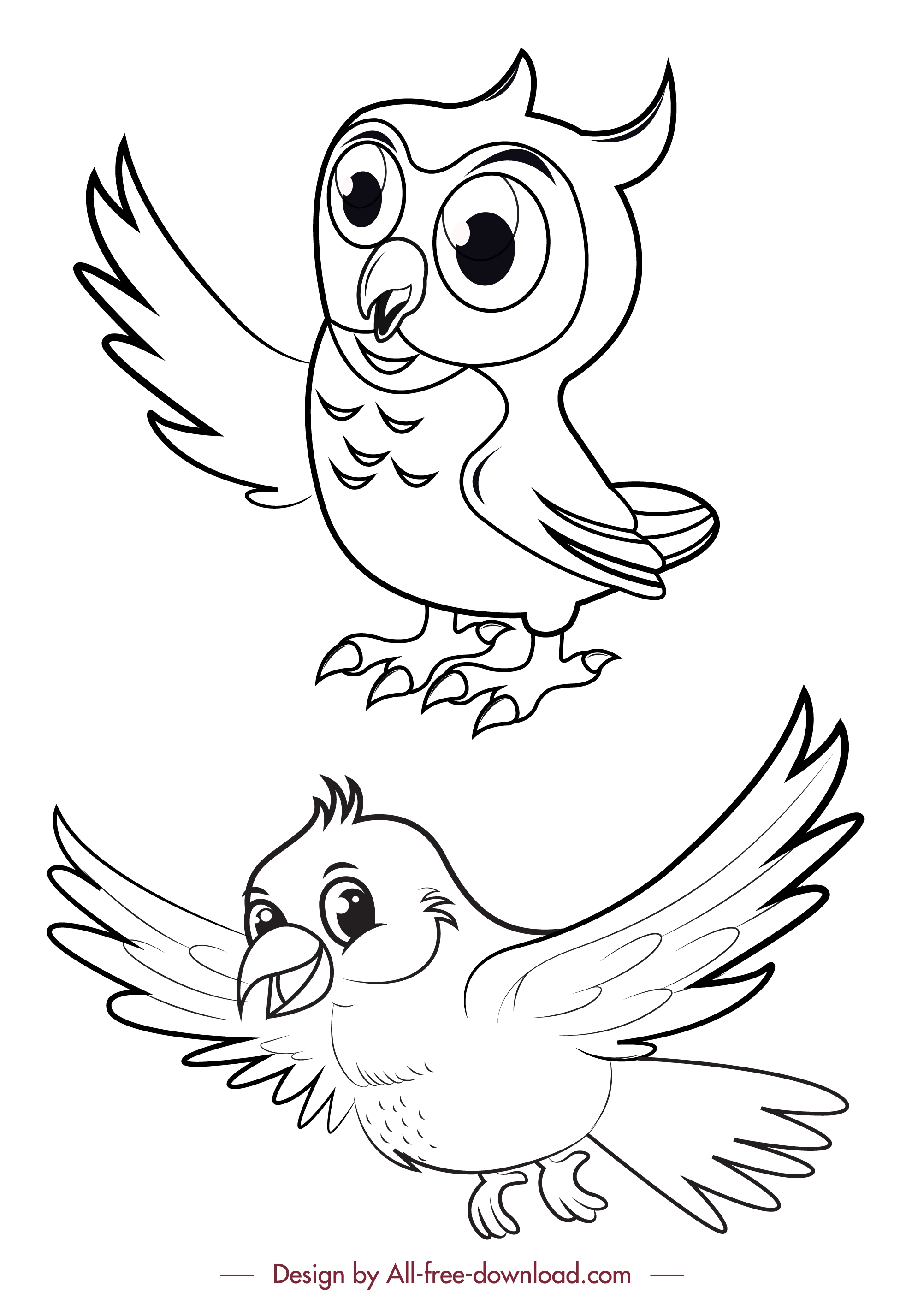 birds icons black white owl dove handdrawn sketch