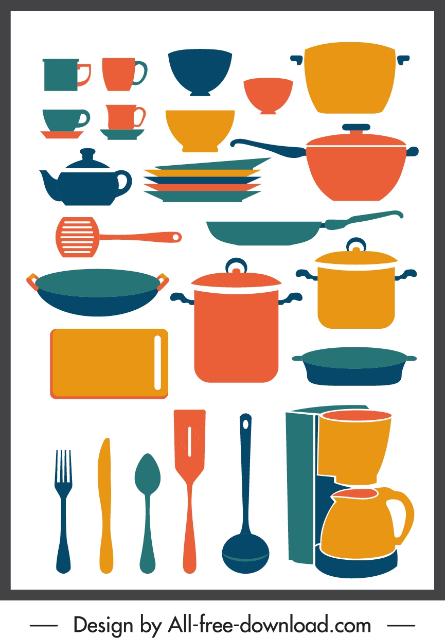 cooking utensils icons colorful classical sketch