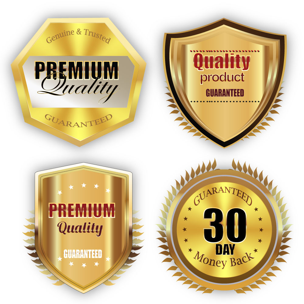 various shaped shiny golden quality gurantee labels collection