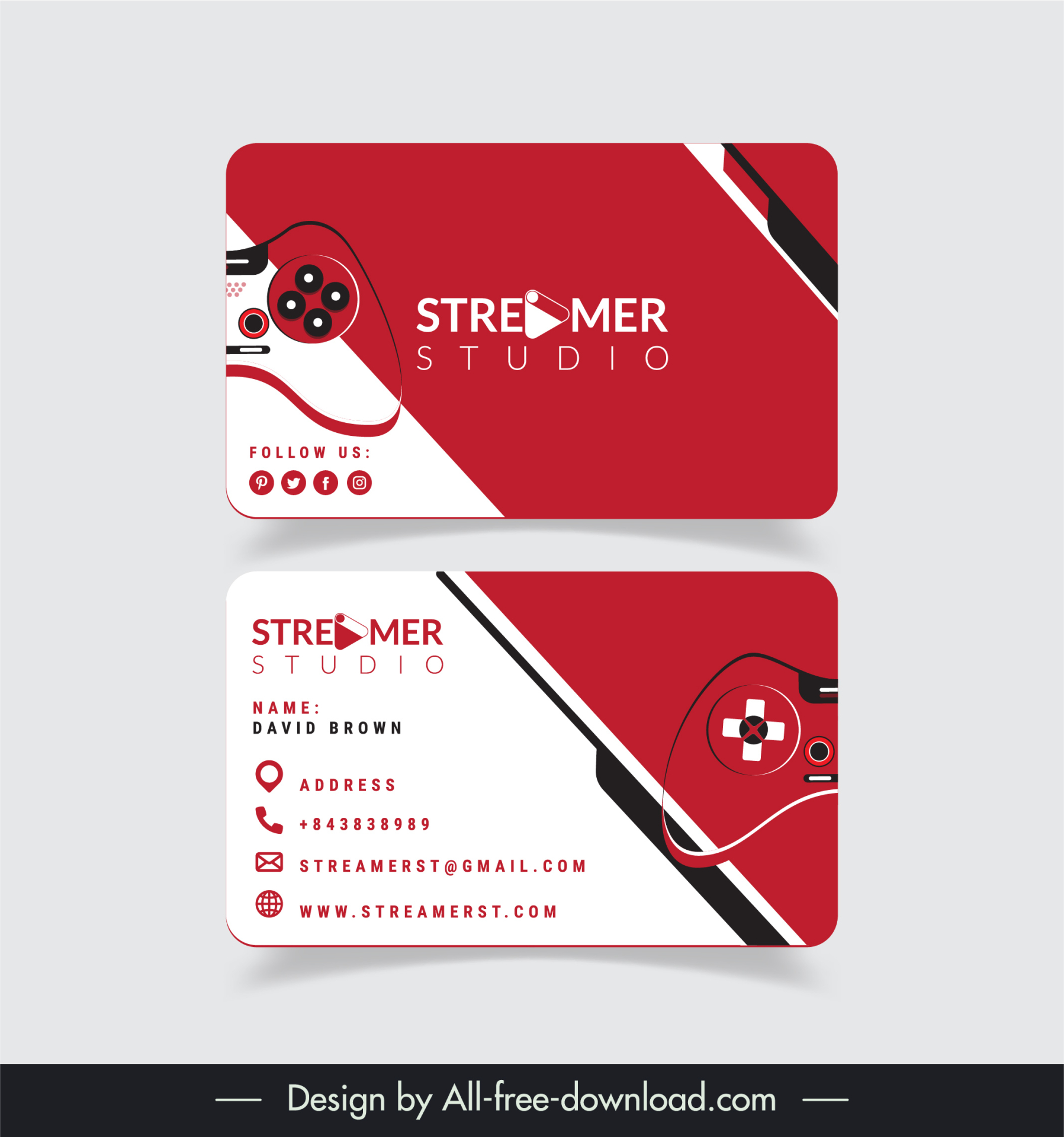 streamer business card template flat contrast striped playstation