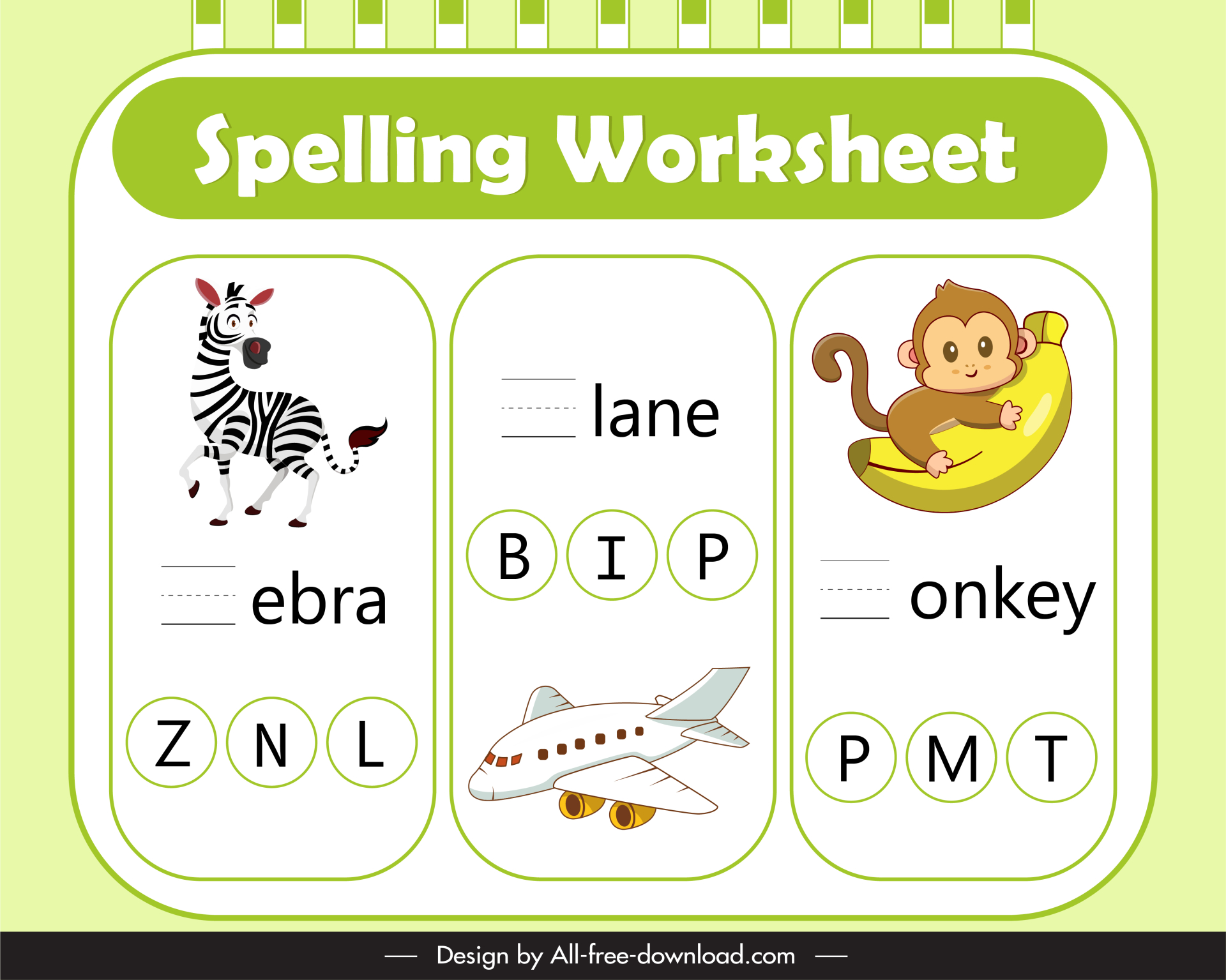 spelling worksheet for kids  template flat zebra airplane monkey texts blank sketch