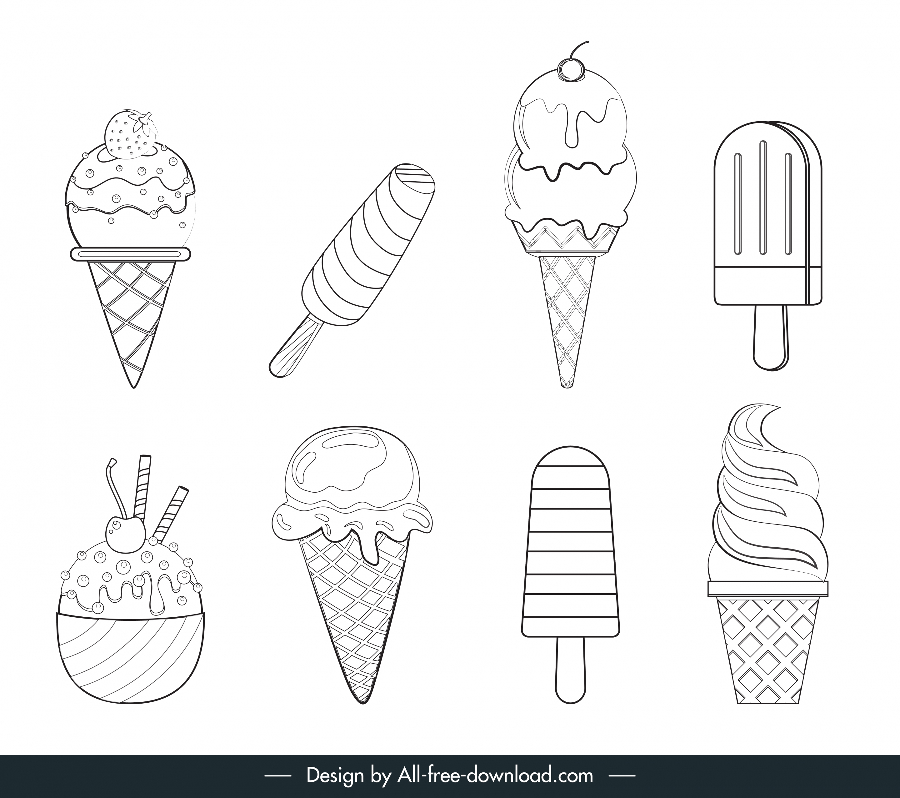 ice cream icons black white handdrawn sketch