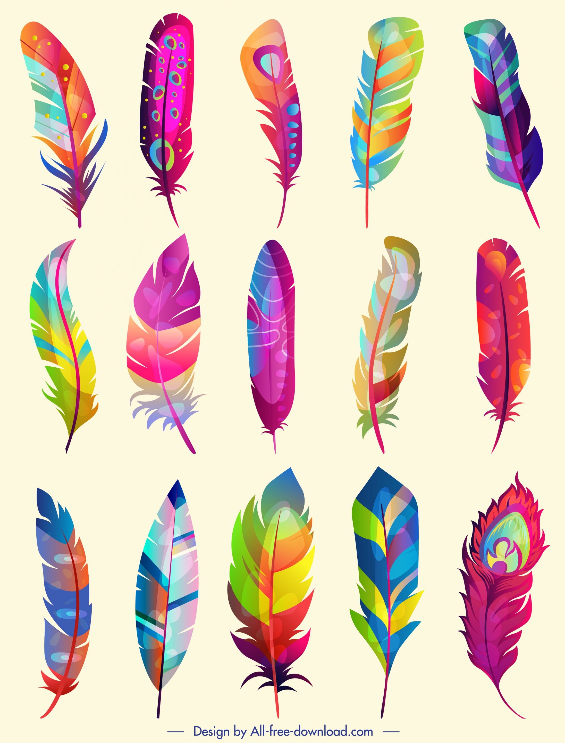 feathers icons collection multicolored decor fluffy vertical design