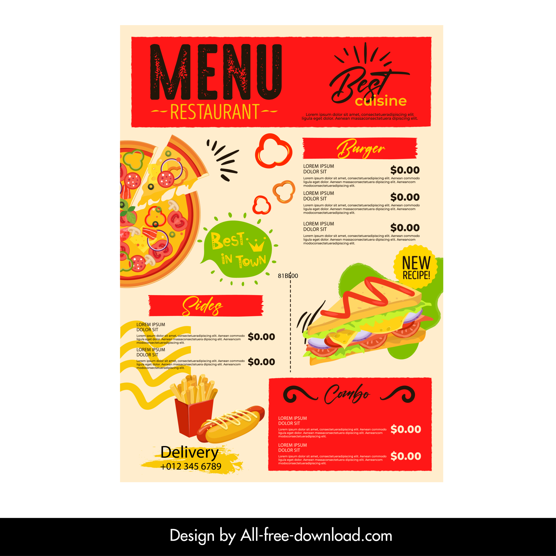 fast food restaurant menu template retro pizza hotdogs sketch