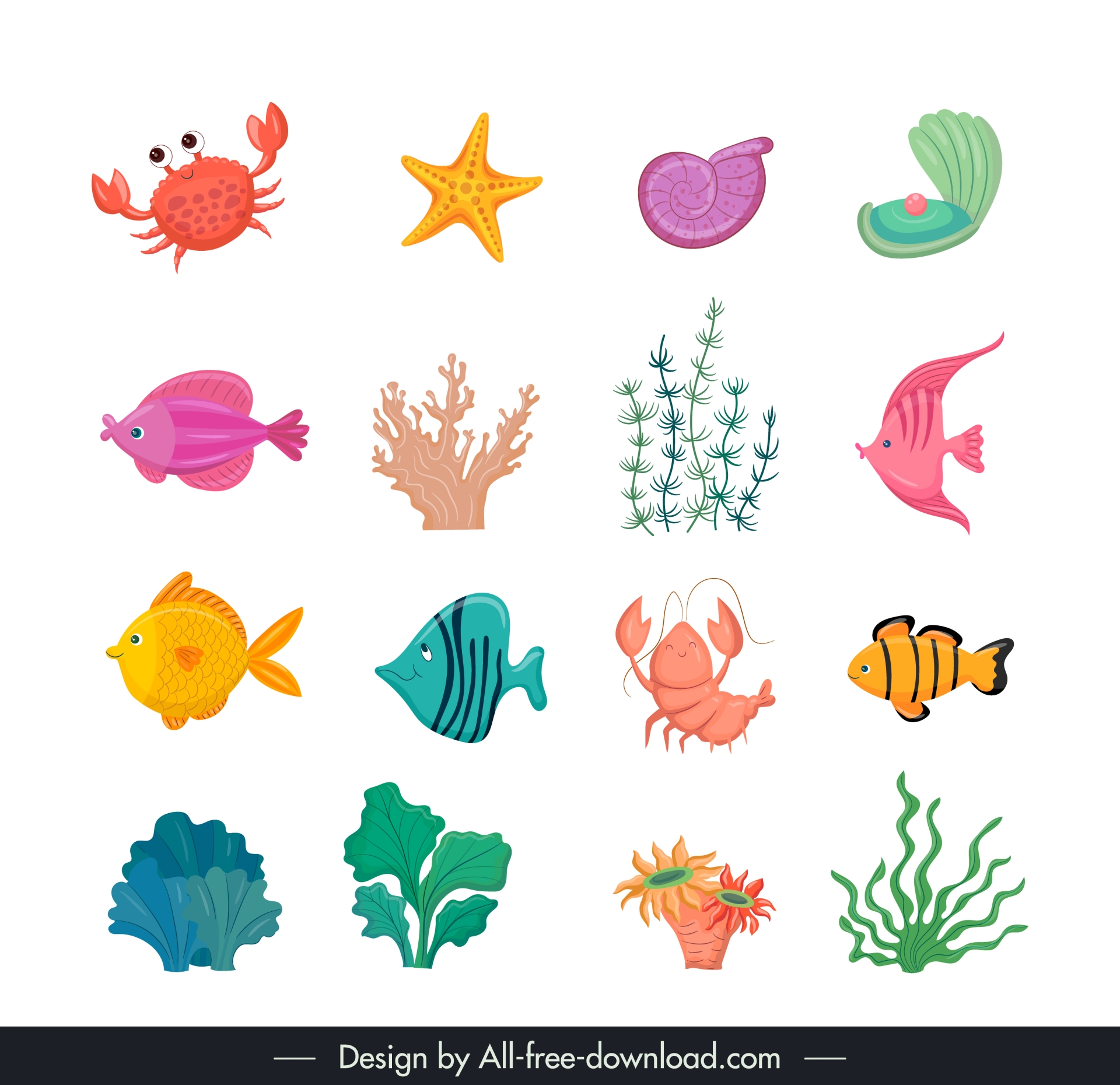 sea animals design elements collection flat cartoon