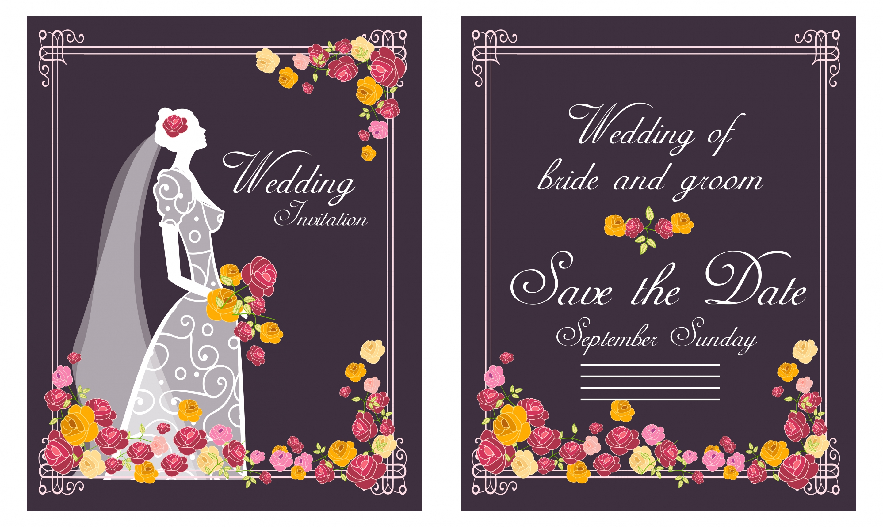 wedding card bride flowers design on dark background