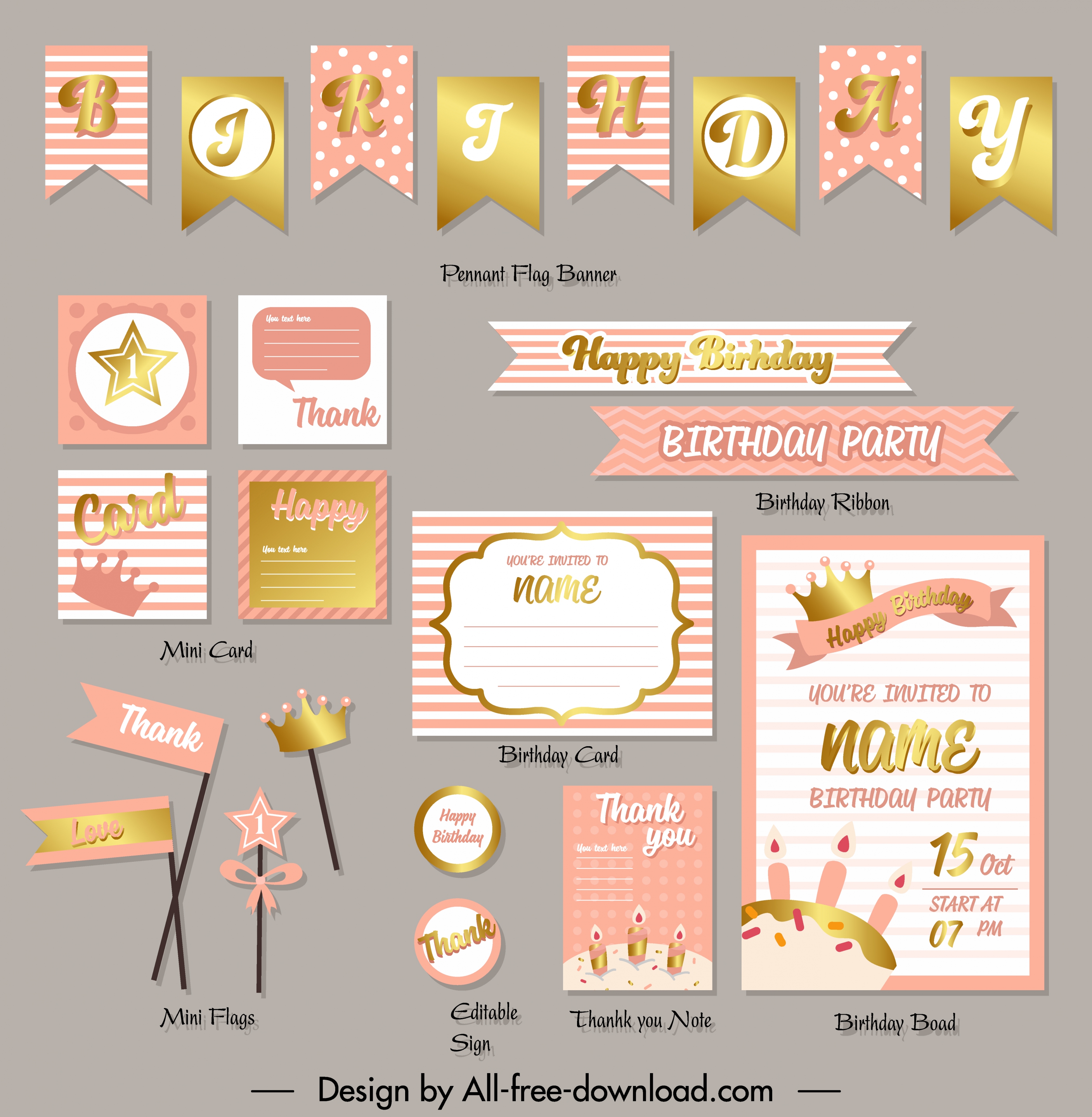 birthday design elements elegant golden pink shapes decor