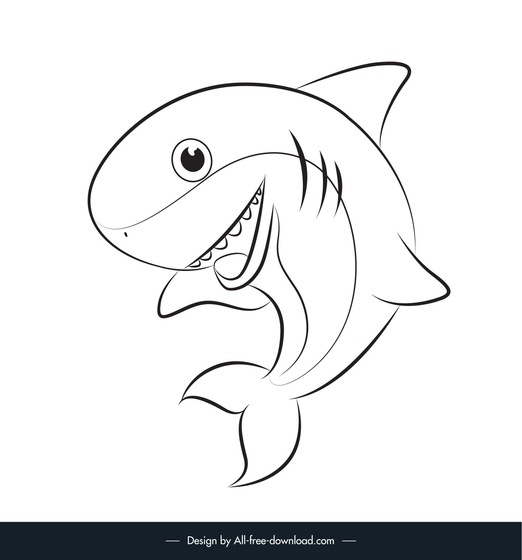 baby shark icon black white flat handdrawn cartoon sketch