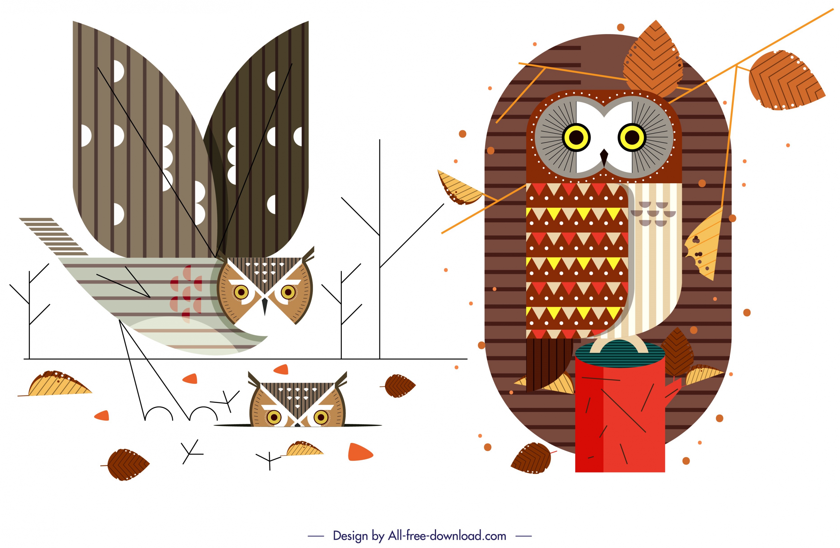 owl wild animal icons colorful flat sketch