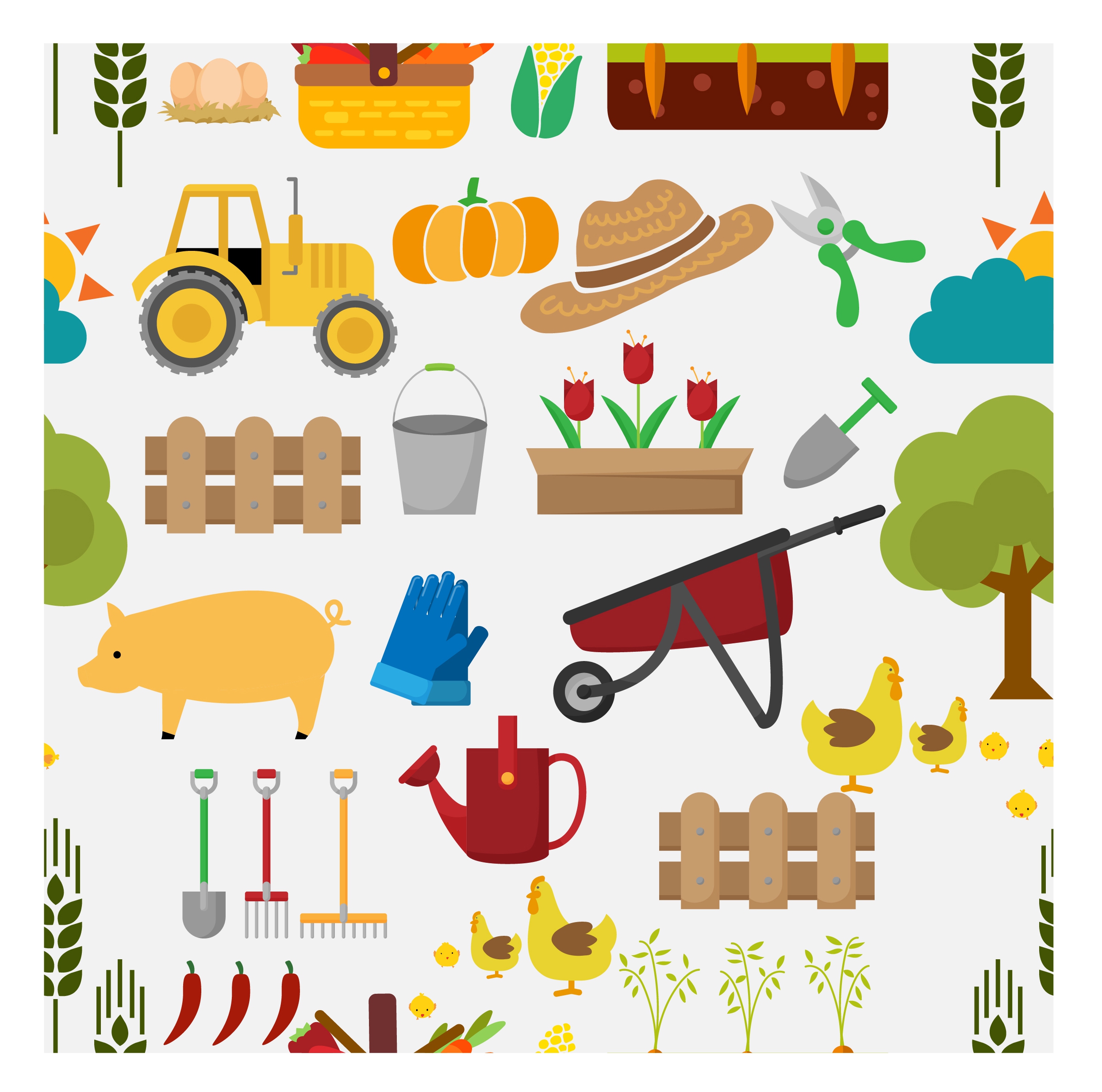 agricultural farm tools design elements in colors