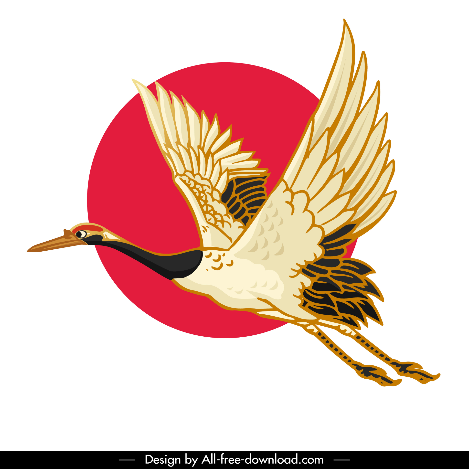 japan design elements flying crane bird sun outline