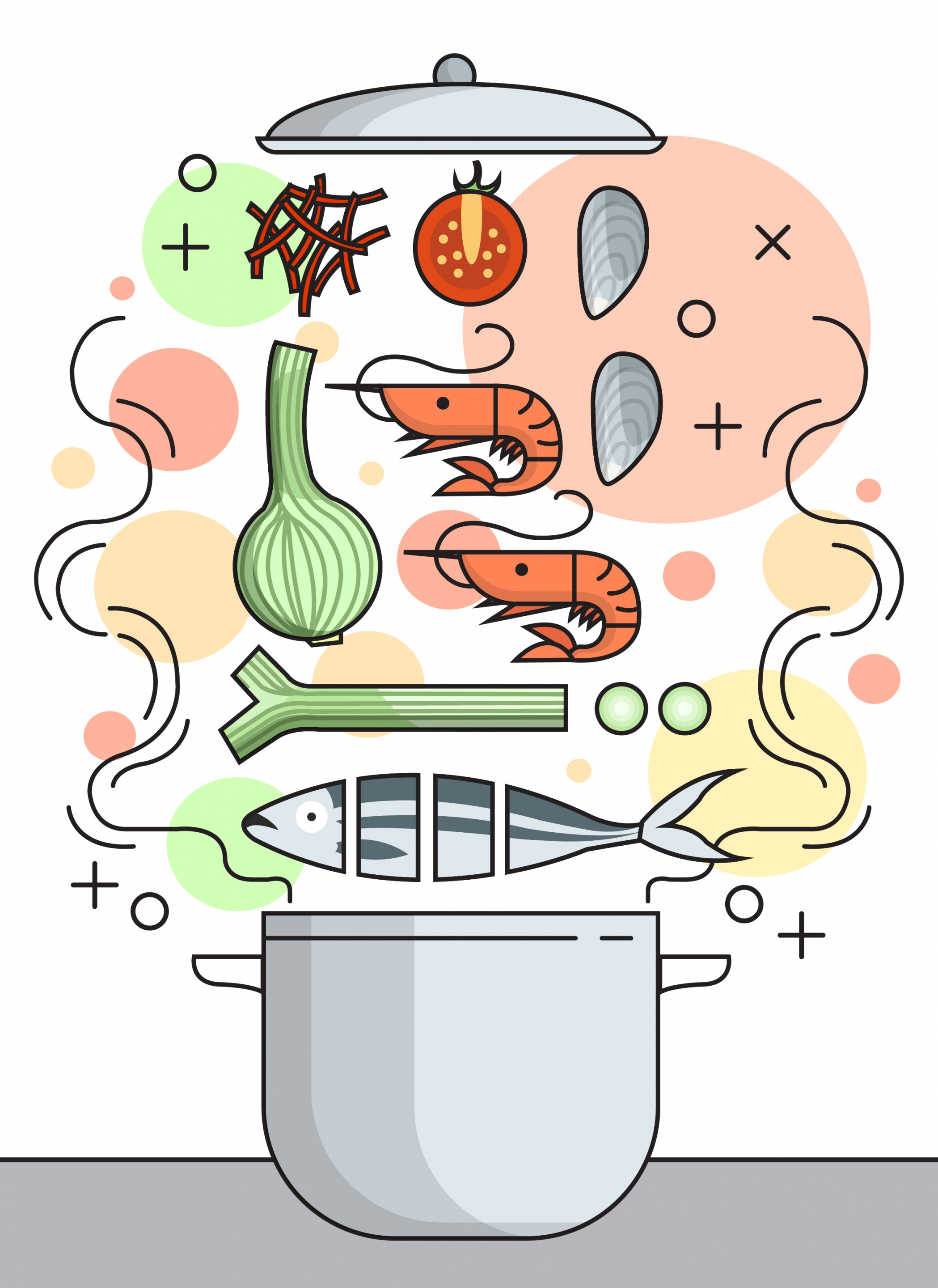 seafood background pot food icon colored flat design