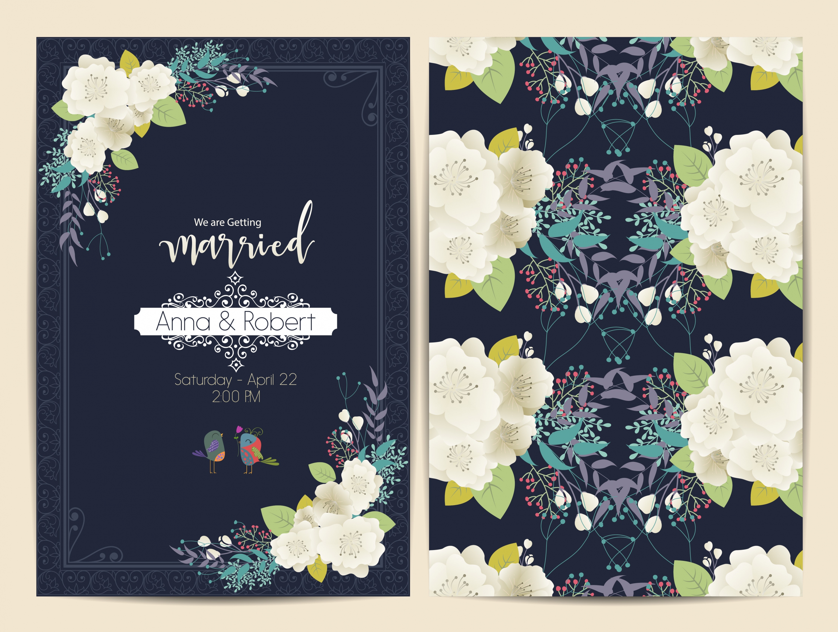 wedding card template blooming flowers decoration dark design