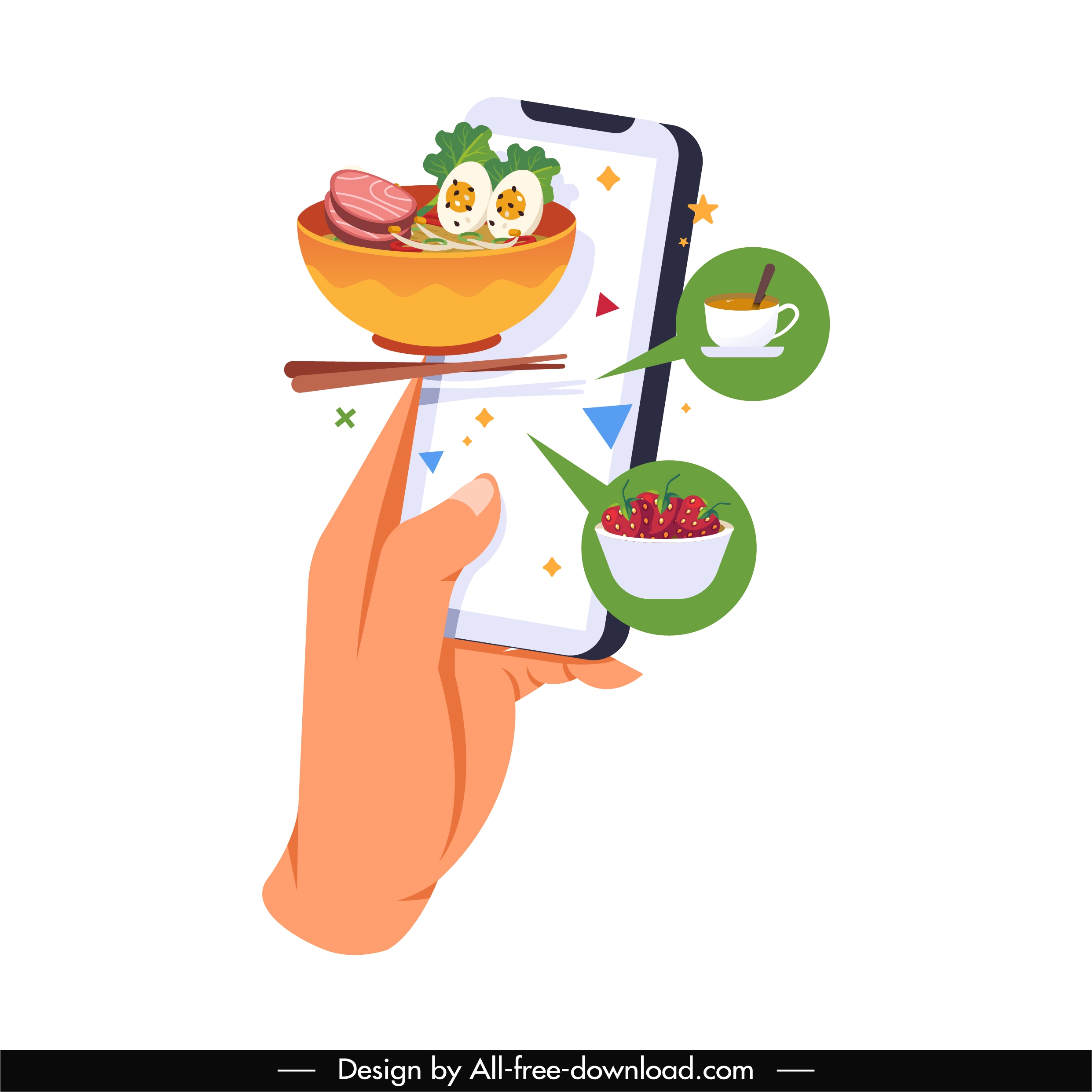 food ordering application icon hand smartphone cuisines sketch