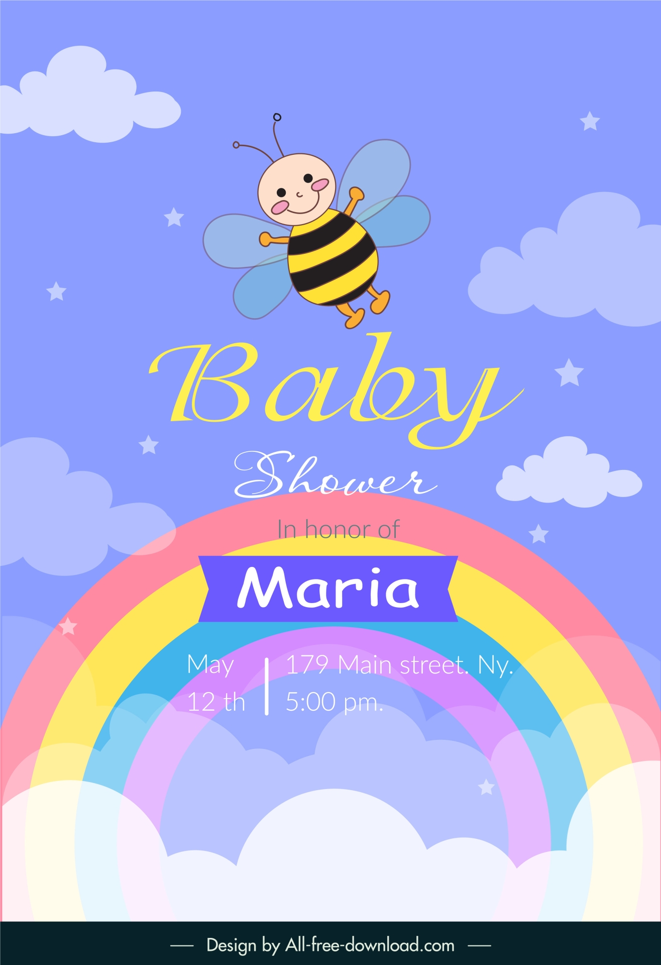 baby shower invitation template cute cartoon bee rainbow