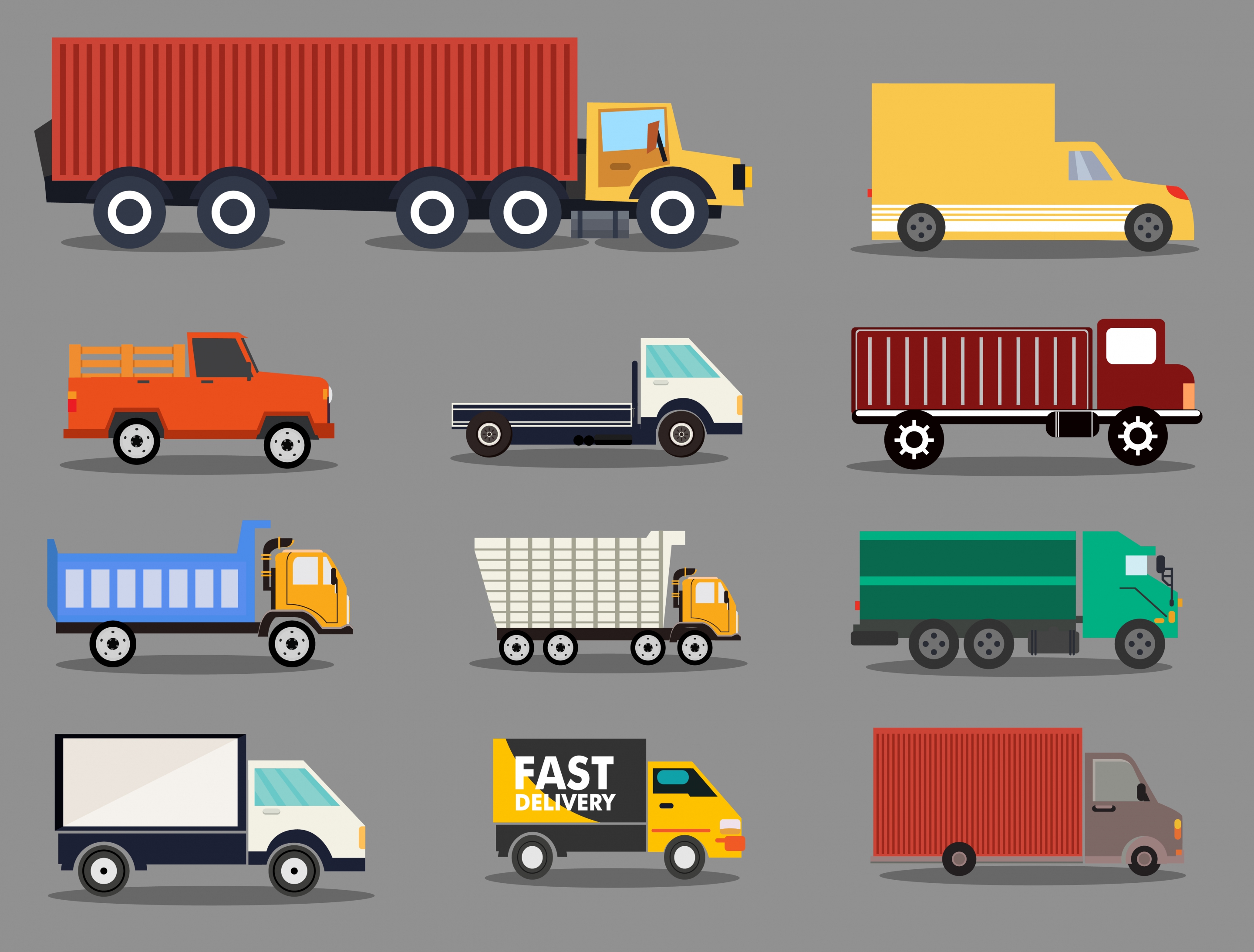 logistics trucks icons collection various cars types