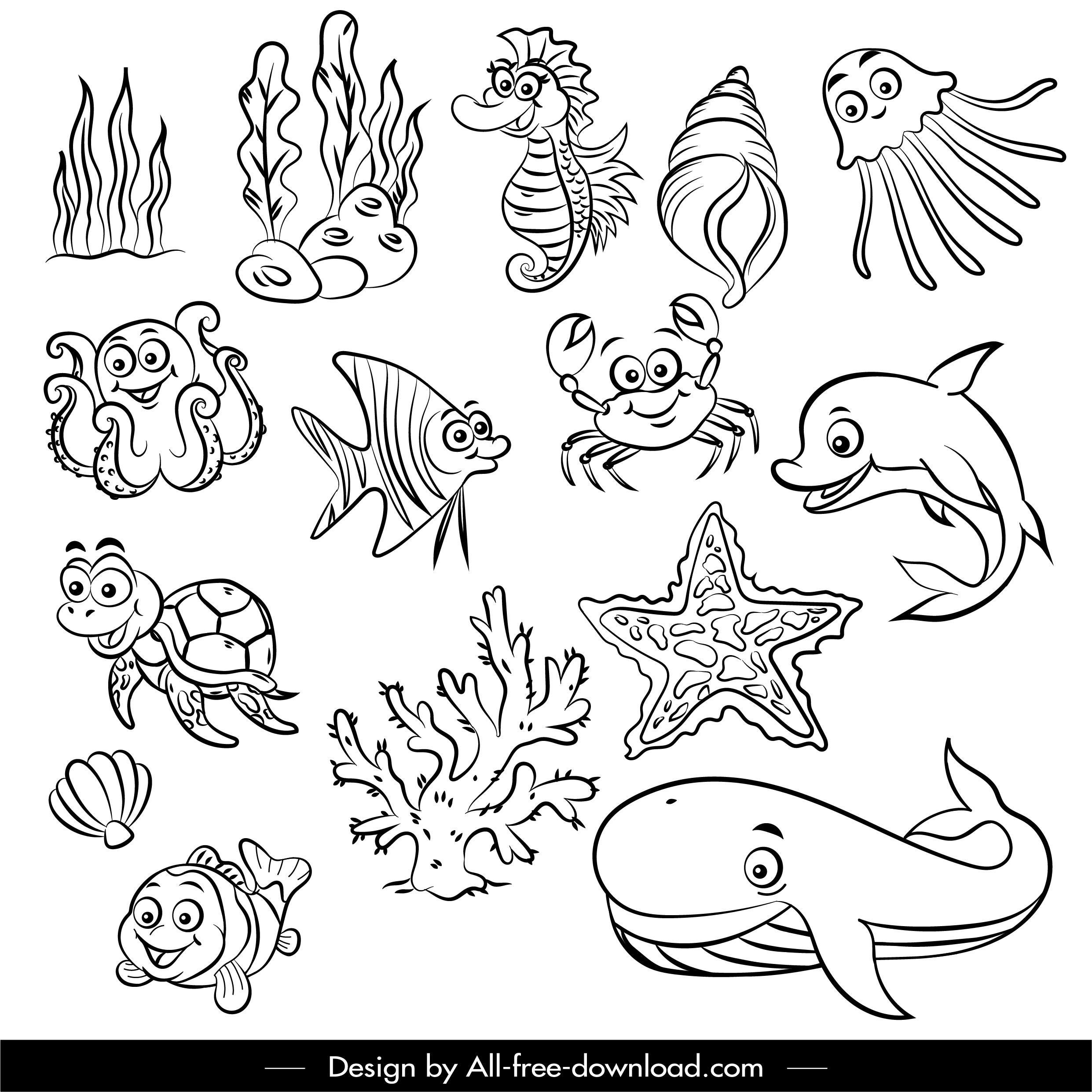 marine species icons black white handdrawn cartoon sketch