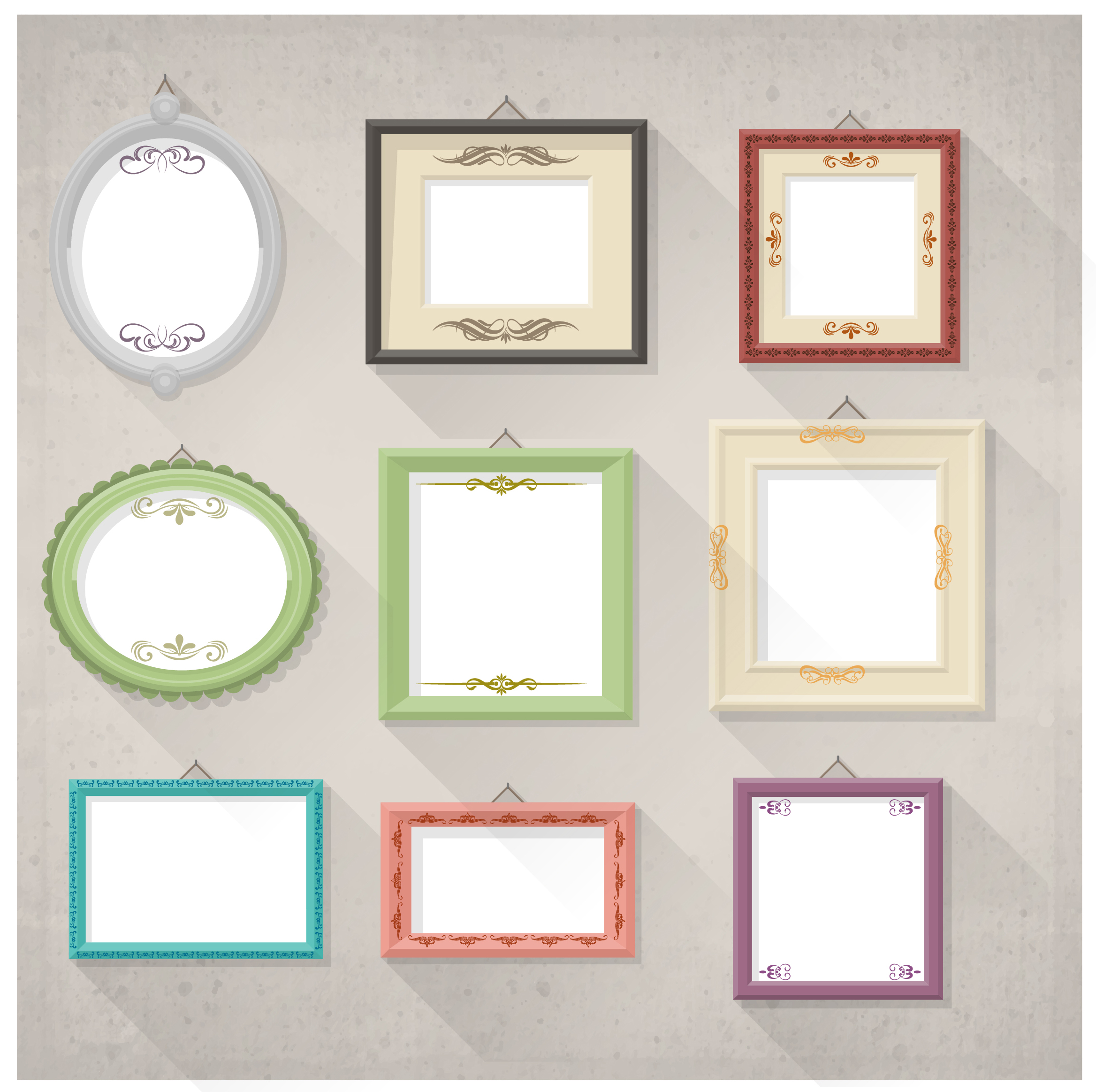 various frames hanging on wall vector illustration